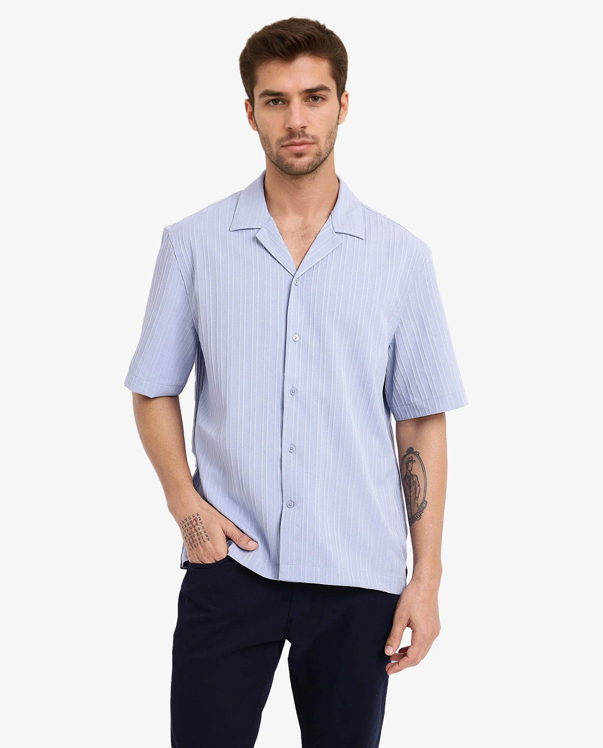 Rare Rabbit Men's Mirtilo Light Blue Polyester Striped Print Boxy Fit Half Sleeve Cuban Collar Shirt - Image 3