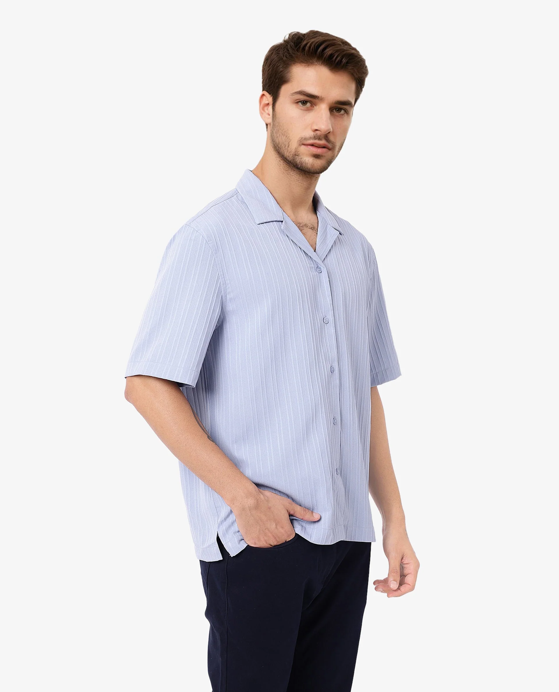 Rare Rabbit Men's Mirtilo Light Blue Polyester Striped Print Boxy Fit Half Sleeve Cuban Collar Shirt - Image 5