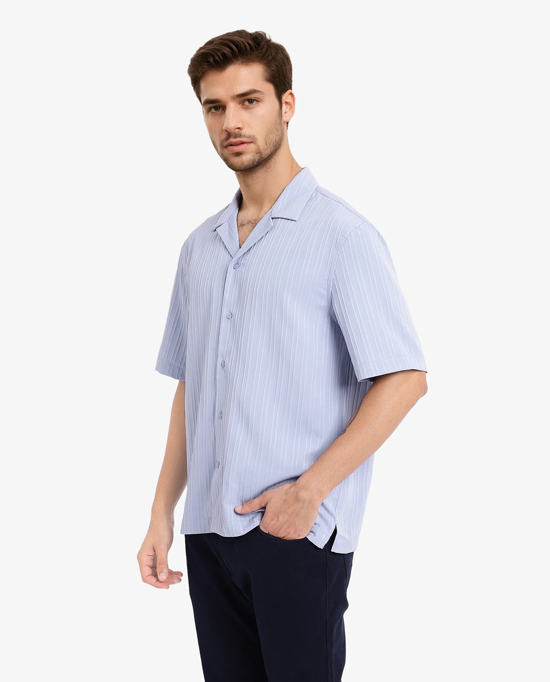 Rare Rabbit Men's Mirtilo Light Blue Polyester Striped Print Boxy Fit Half Sleeve Cuban Collar Shirt - Image 6