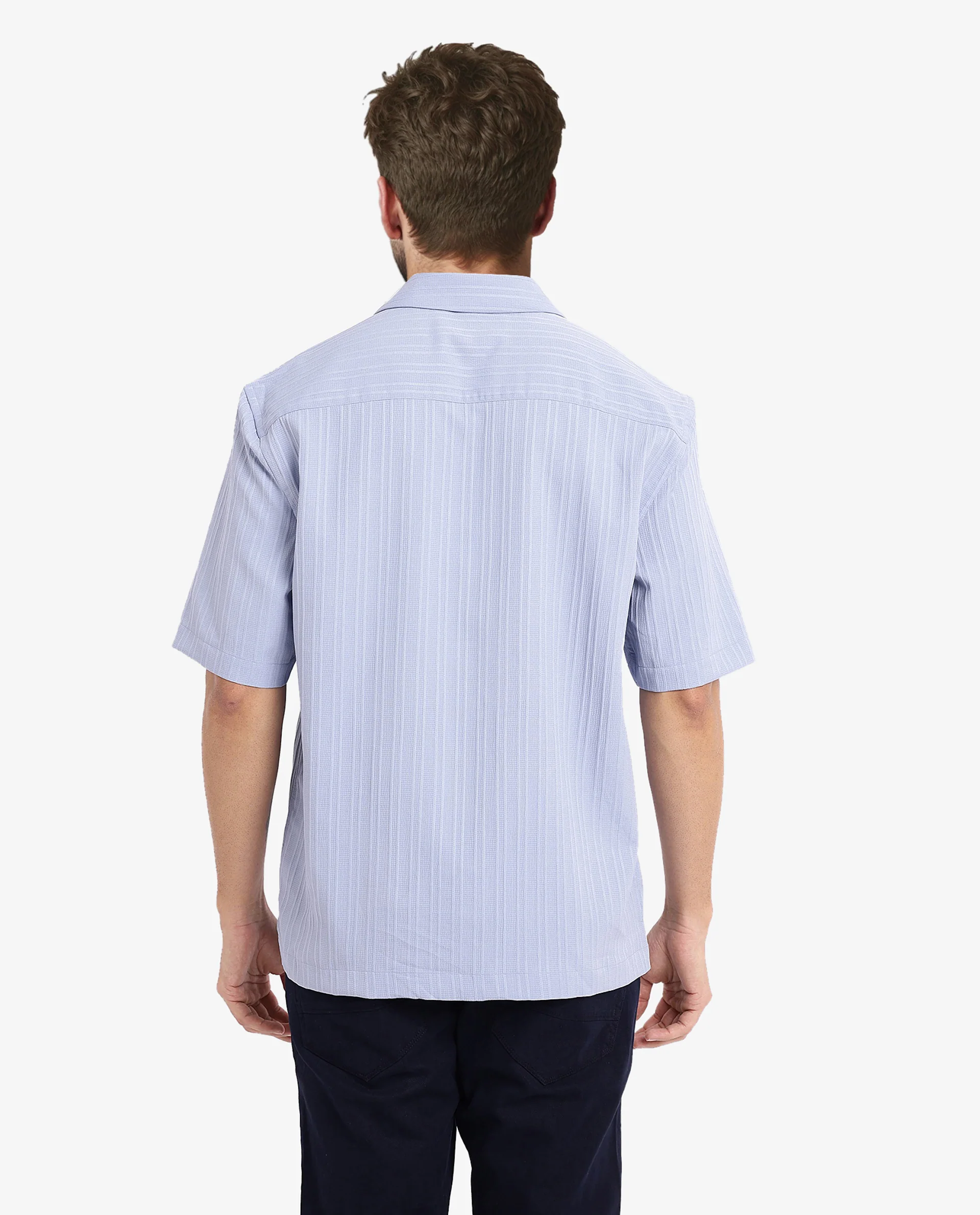 Rare Rabbit Men's Mirtilo Light Blue Polyester Striped Print Boxy Fit Half Sleeve Cuban Collar Shirt - Image 7
