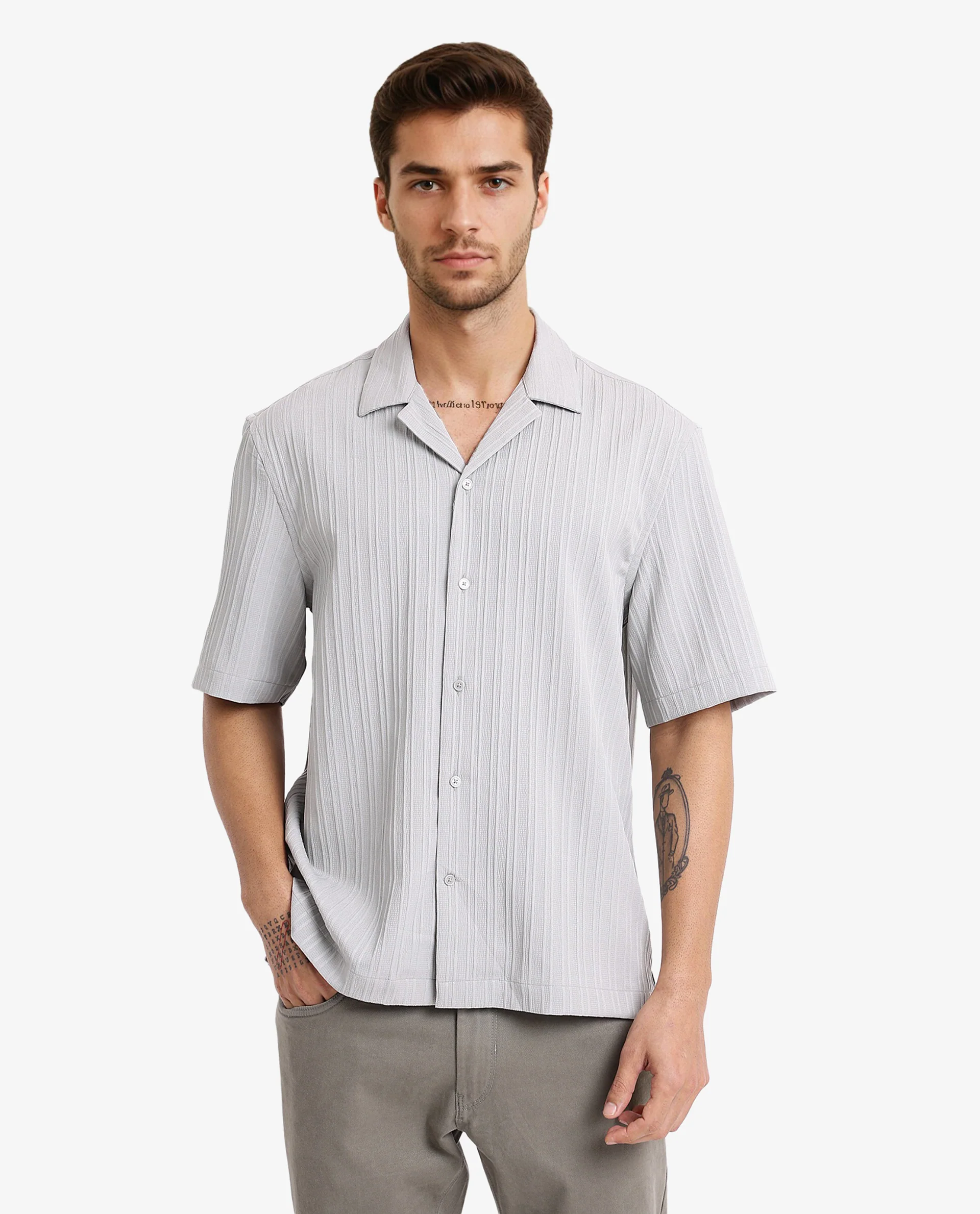 Rare Rabbit Men's Mirtilo Light Grey Polyester Striped Print Boxy Fit Half Sleeve Cuban Collar Shirt