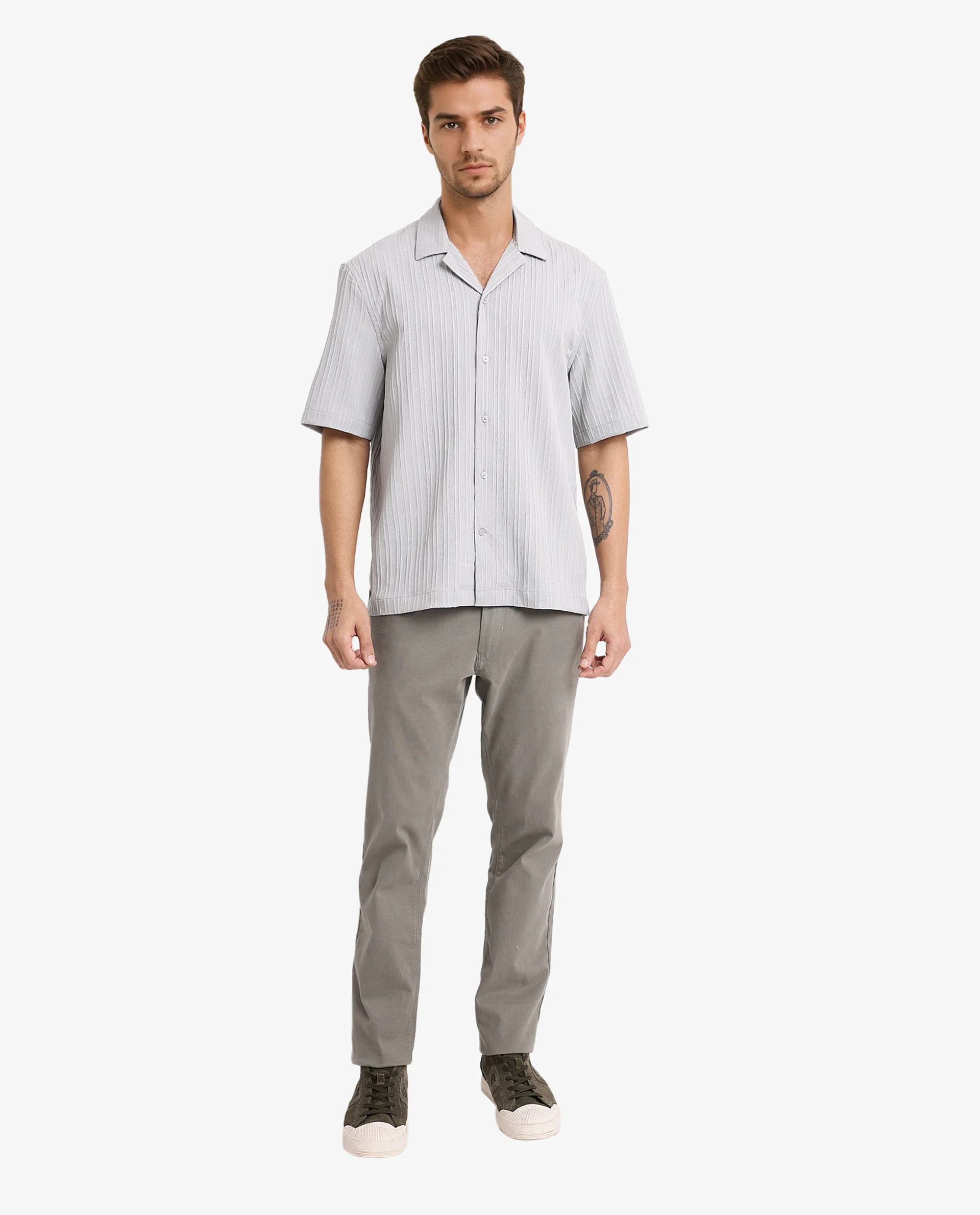 Rare Rabbit Men's Mirtilo Light Grey Polyester Striped Print Boxy Fit Half Sleeve Cuban Collar Shirt - Image 2