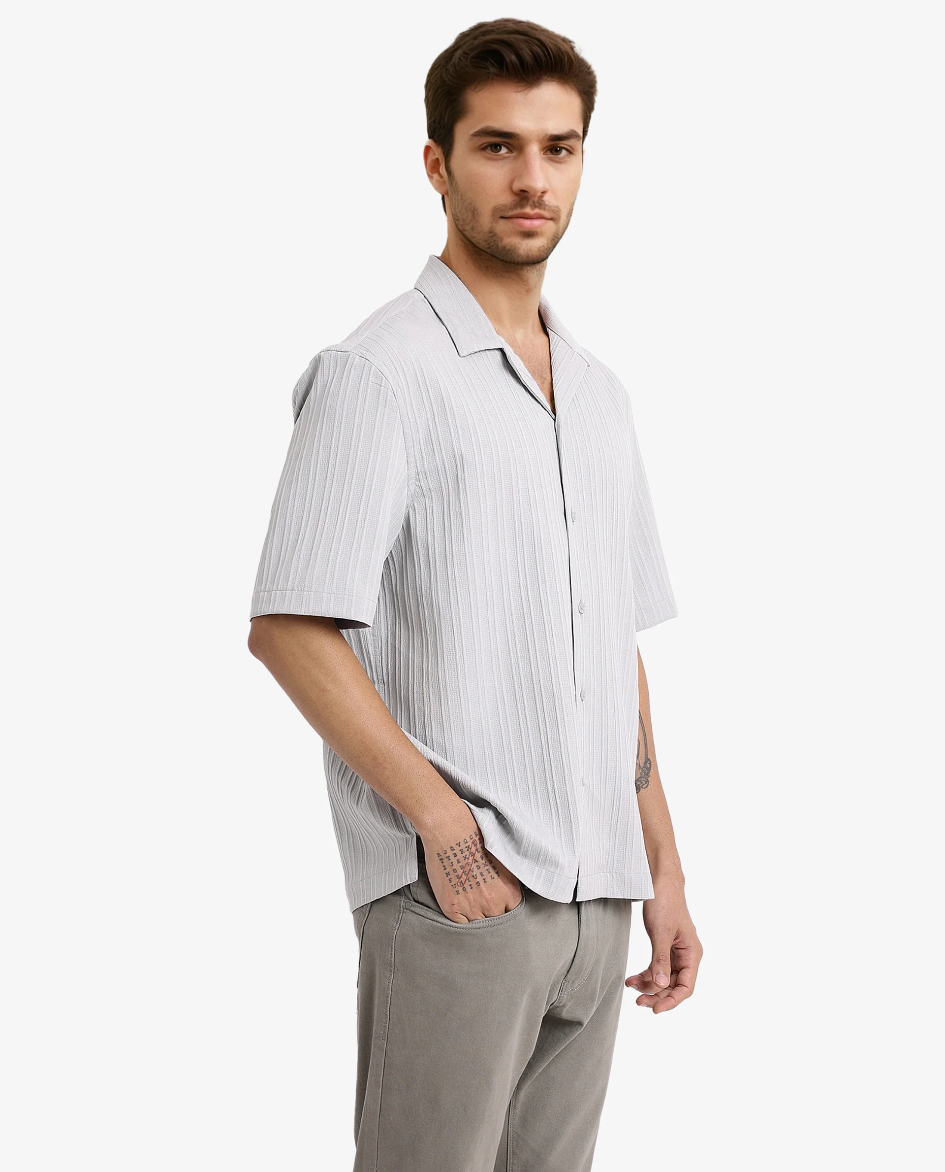 Rare Rabbit Men's Mirtilo Light Grey Polyester Striped Print Boxy Fit Half Sleeve Cuban Collar Shirt - Image 3