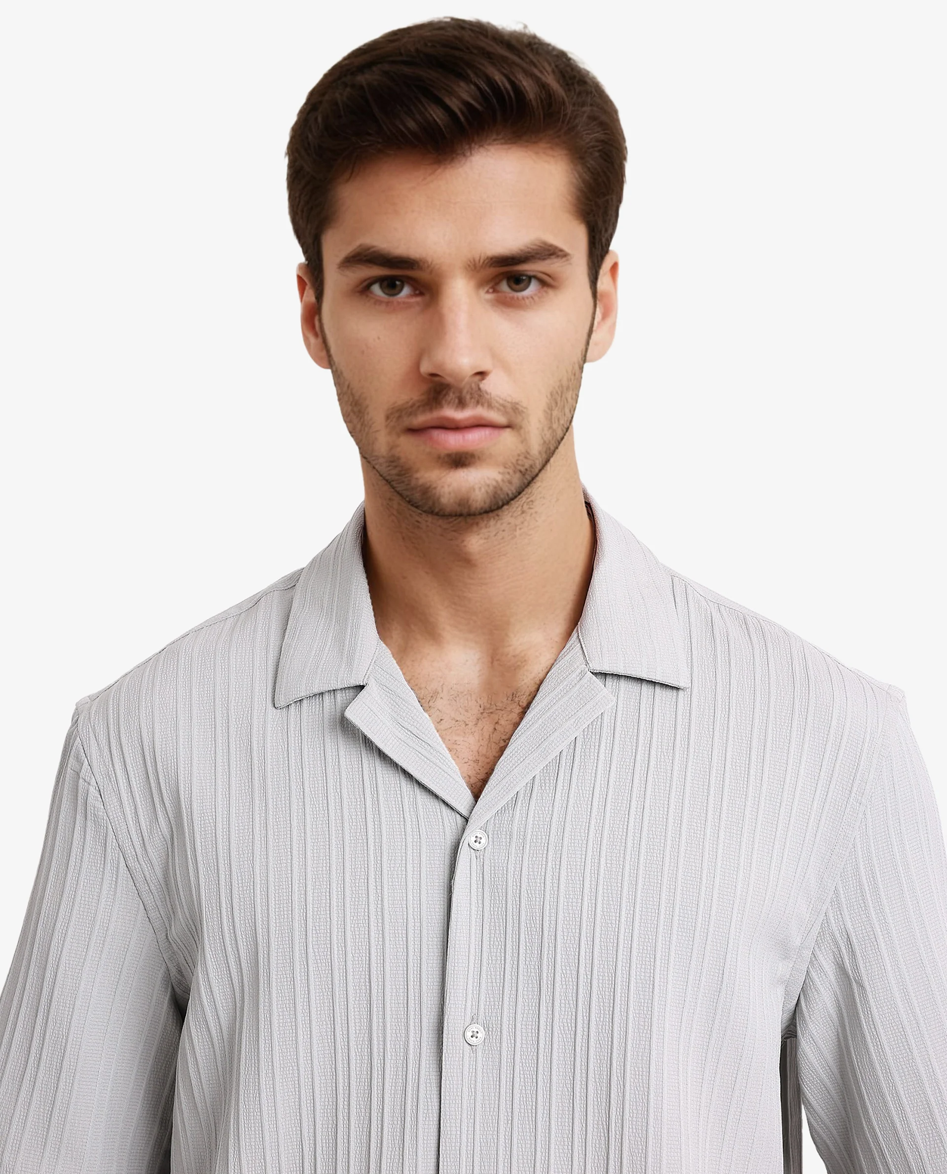 Rare Rabbit Men's Mirtilo Light Grey Polyester Striped Print Boxy Fit Half Sleeve Cuban Collar Shirt - Image 4