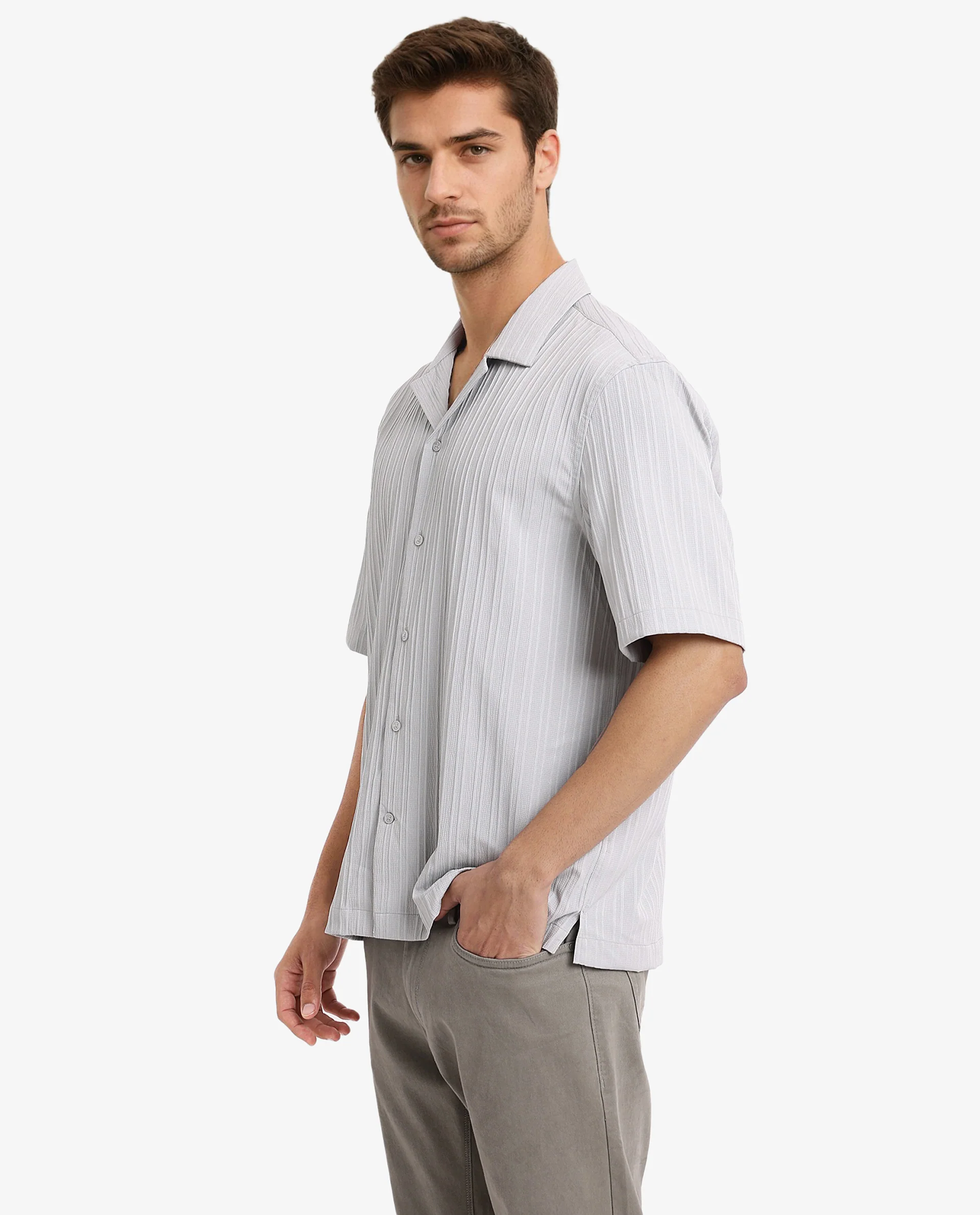 Rare Rabbit Men's Mirtilo Light Grey Polyester Striped Print Boxy Fit Half Sleeve Cuban Collar Shirt - Image 5