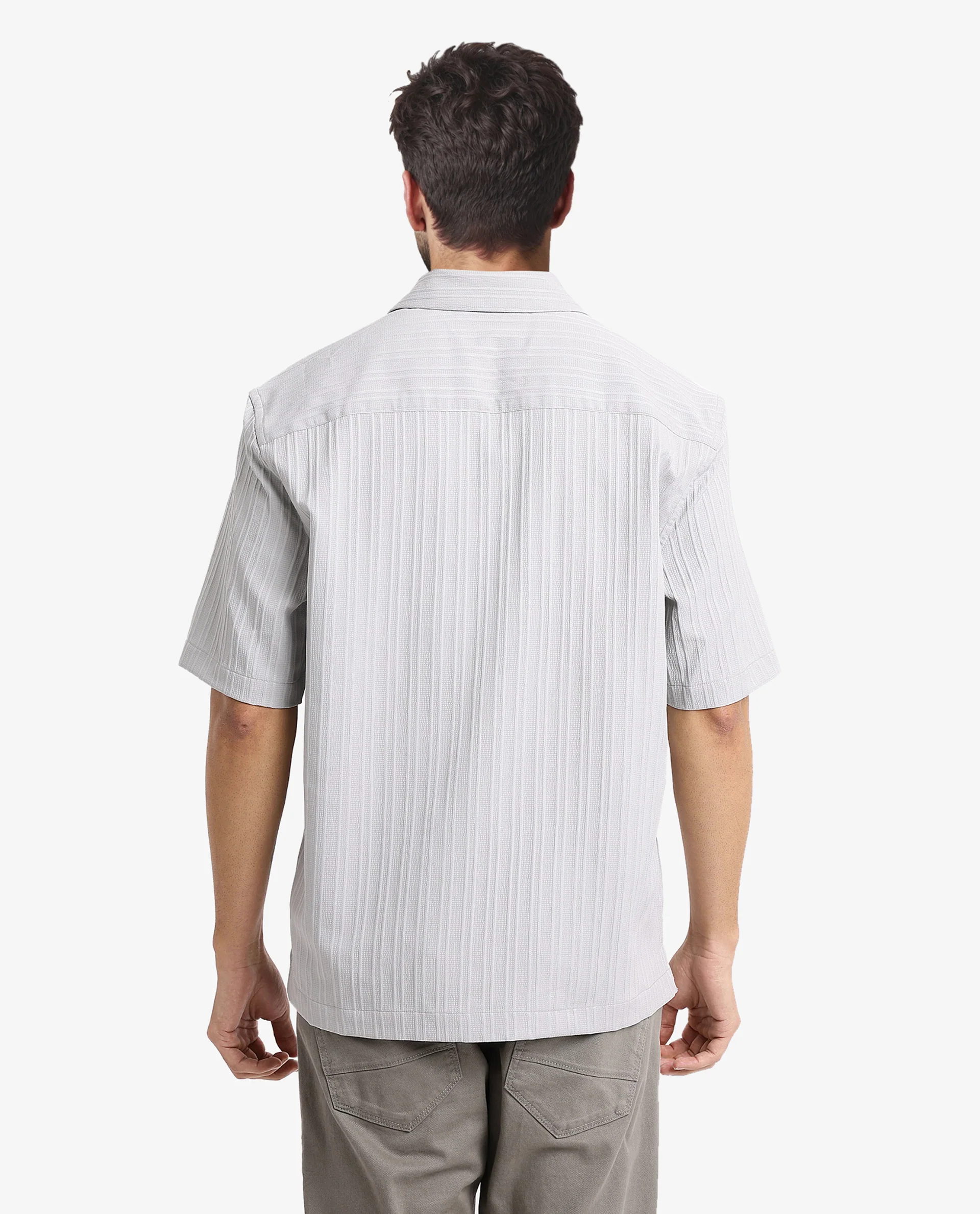 Rare Rabbit Men's Mirtilo Light Grey Polyester Striped Print Boxy Fit Half Sleeve Cuban Collar Shirt - Image 6