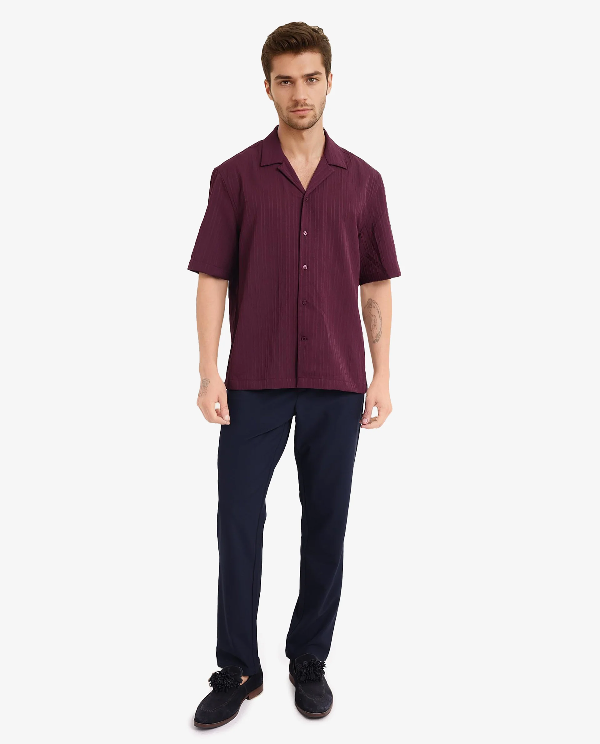 Rare Rabbit Men's Mirtilo Maroon Polyester Striped Print Boxy Fit Half Sleeve Cuban Collar Shirt - Image 2