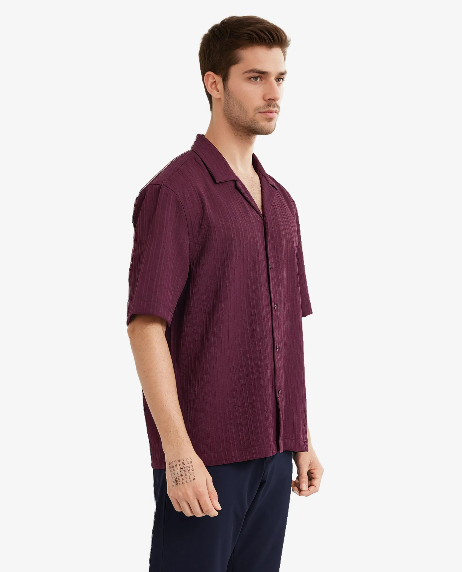 Rare Rabbit Men's Mirtilo Maroon Polyester Striped Print Boxy Fit Half Sleeve Cuban Collar Shirt - Image 3