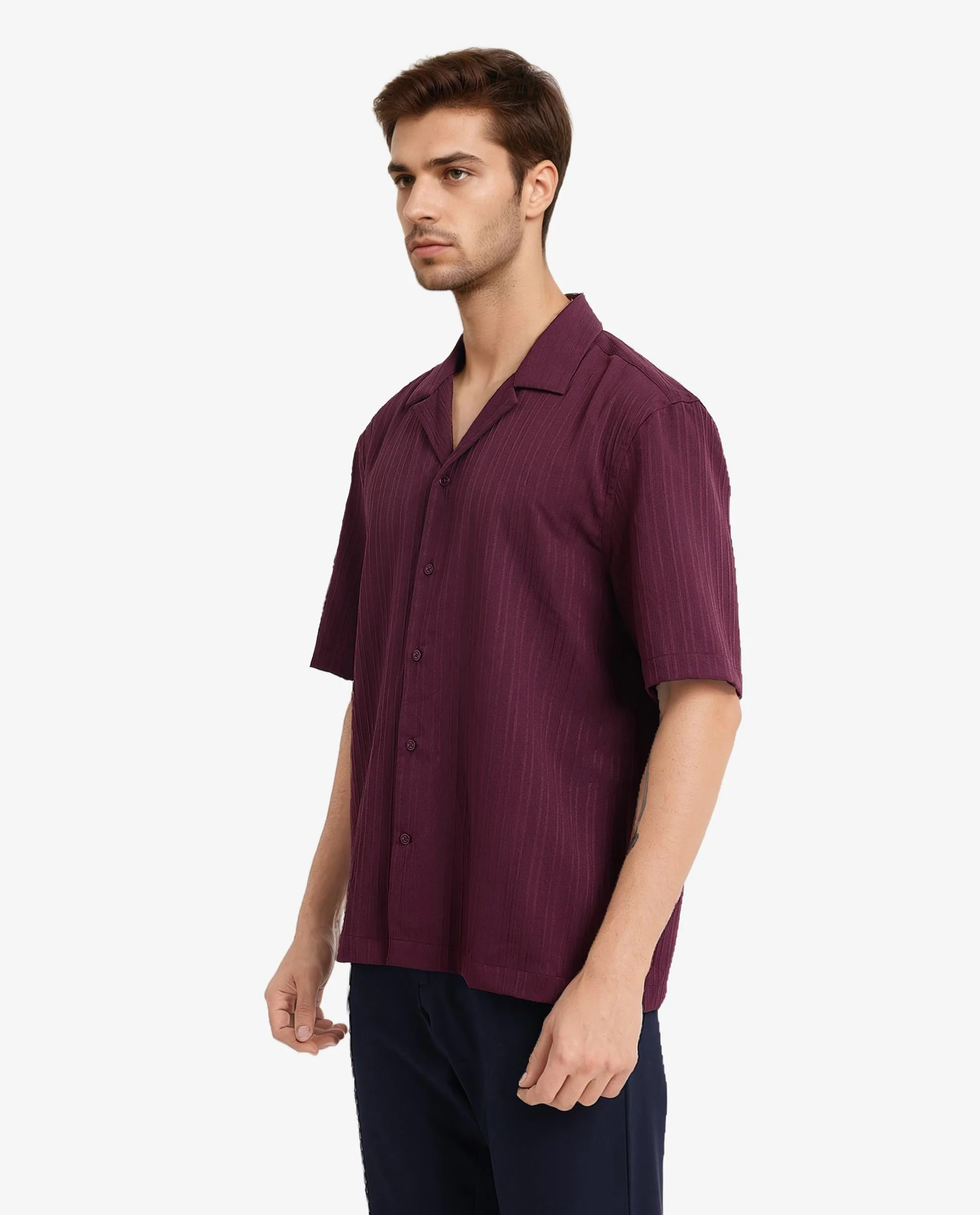 Rare Rabbit Men's Mirtilo Maroon Polyester Striped Print Boxy Fit Half Sleeve Cuban Collar Shirt - Image 5