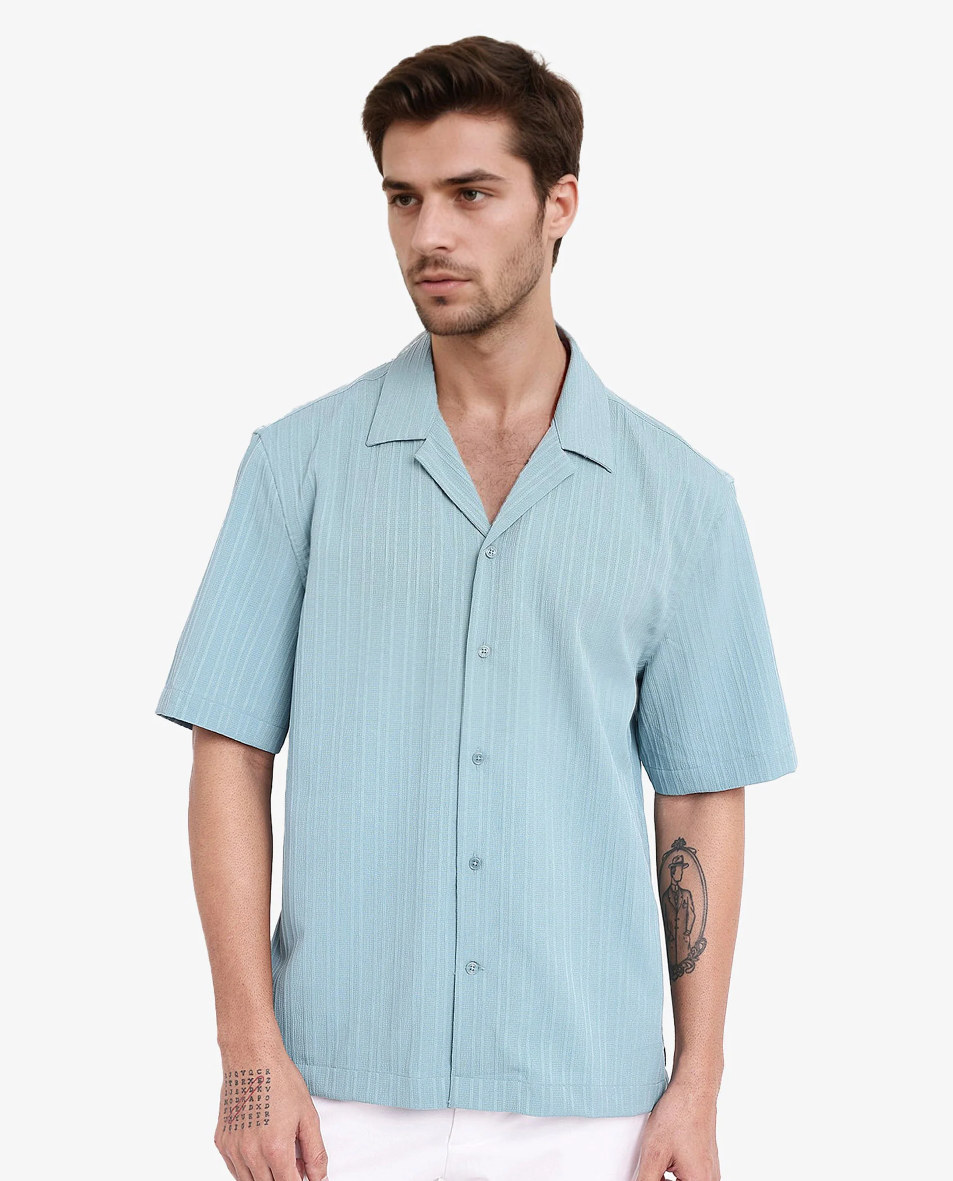 Rare Rabbit Men's Mirtilo Turq Polyester Striped Print Boxy Fit Half Sleeve Cuban Collar Shirt - Image 3