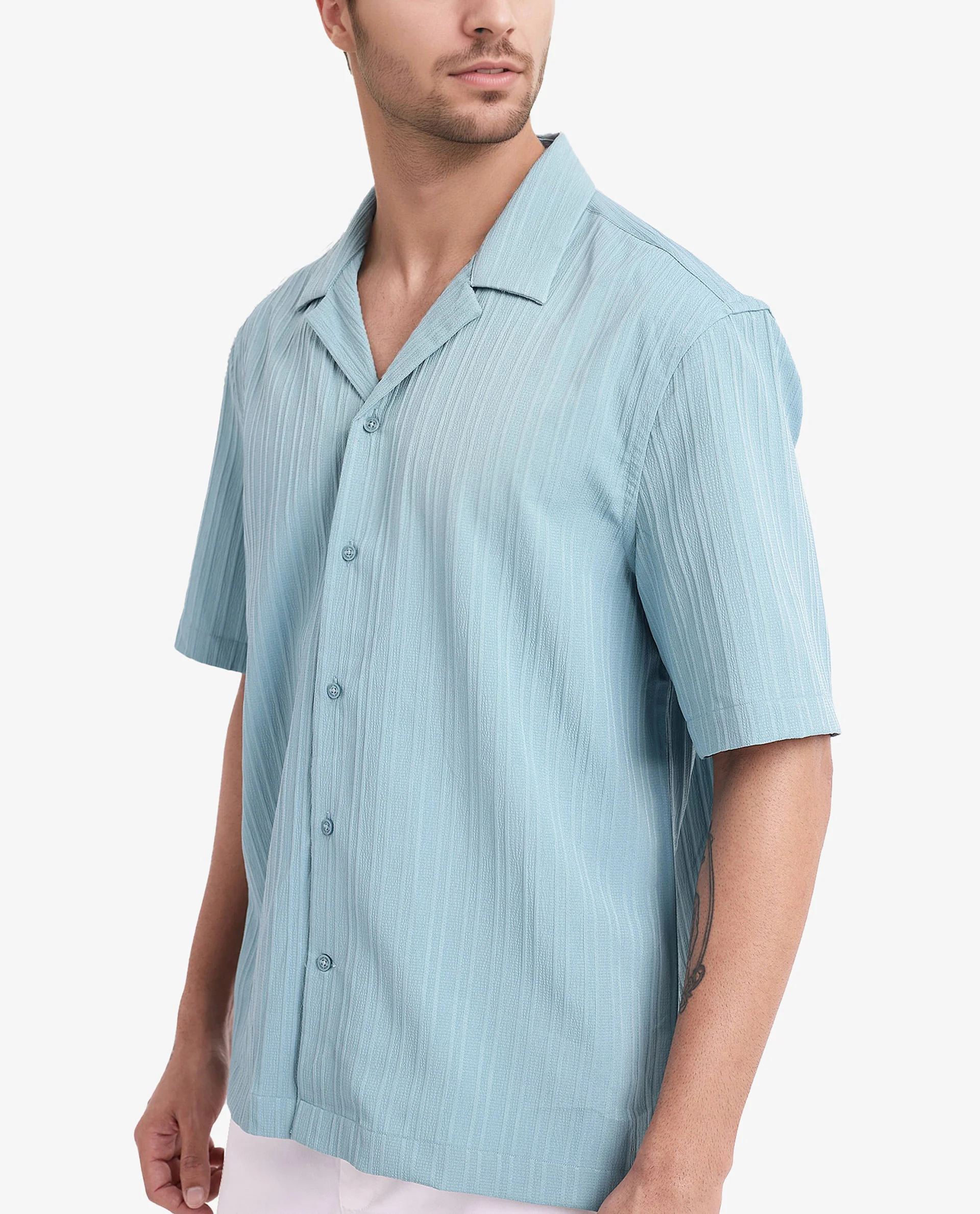 Rare Rabbit Men's Mirtilo Turq Polyester Striped Print Boxy Fit Half Sleeve Cuban Collar Shirt - Image 4
