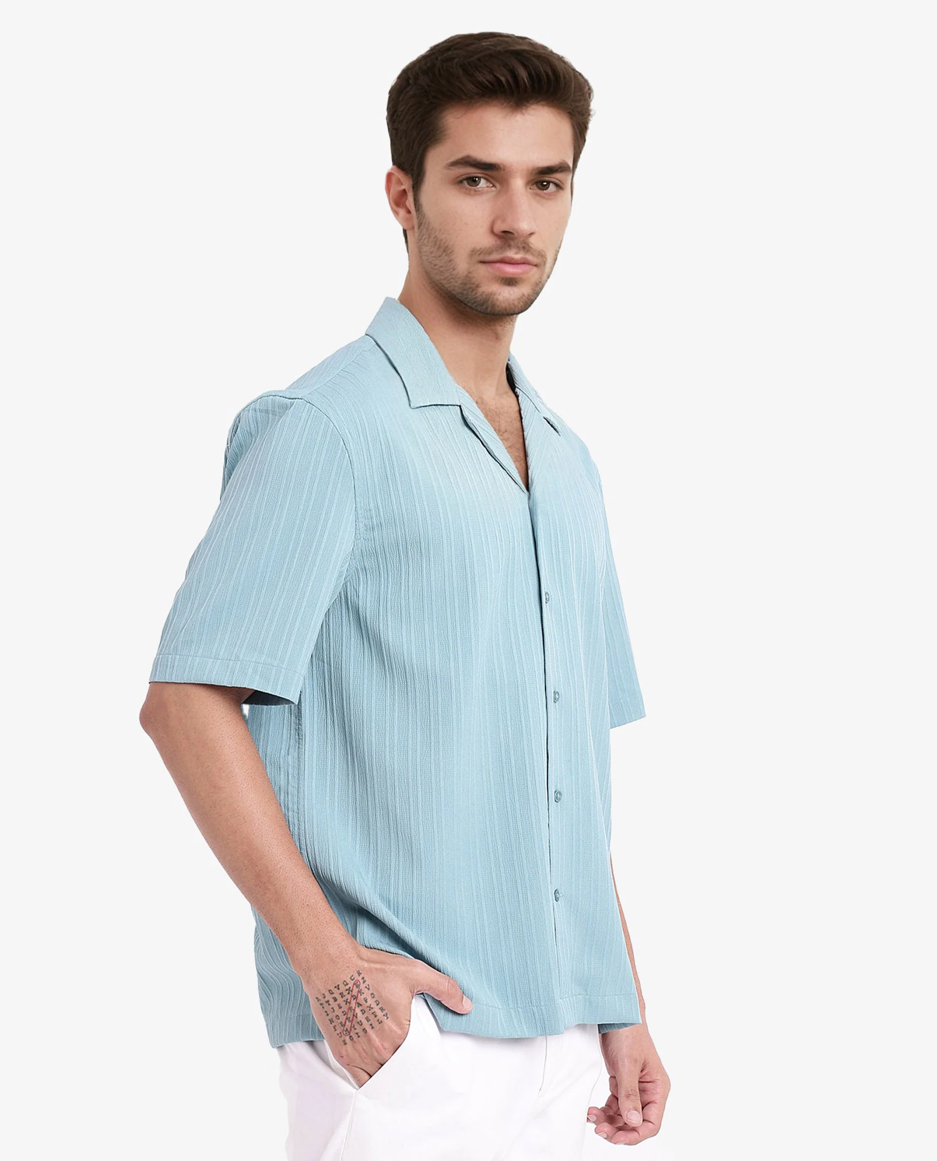 Rare Rabbit Men's Mirtilo Turq Polyester Striped Print Boxy Fit Half Sleeve Cuban Collar Shirt - Image 5