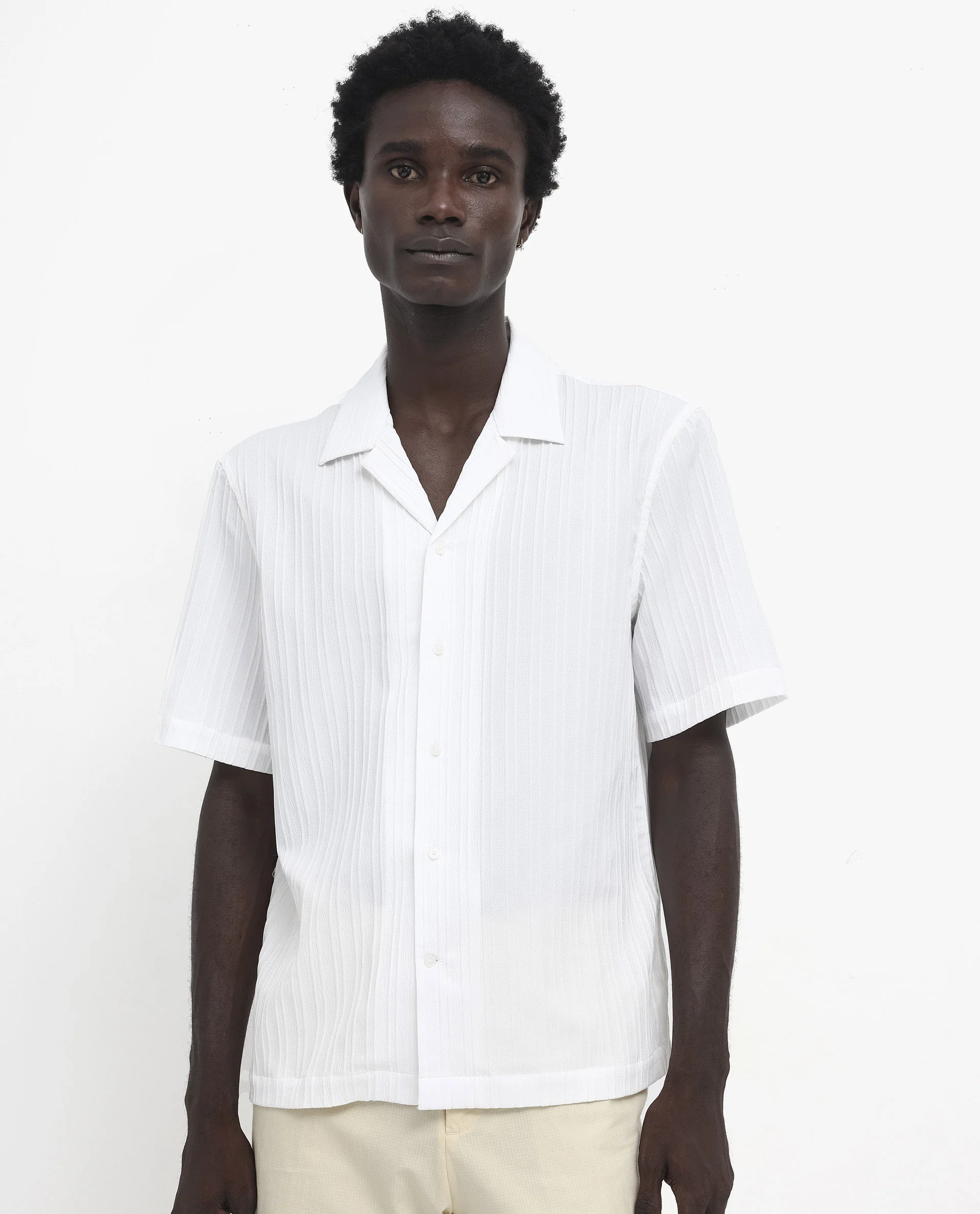 Rare Rabbit Men's Mirtilo White Polyester Striped Print Boxy Fit Half Sleeve Cuban Collar Shirt