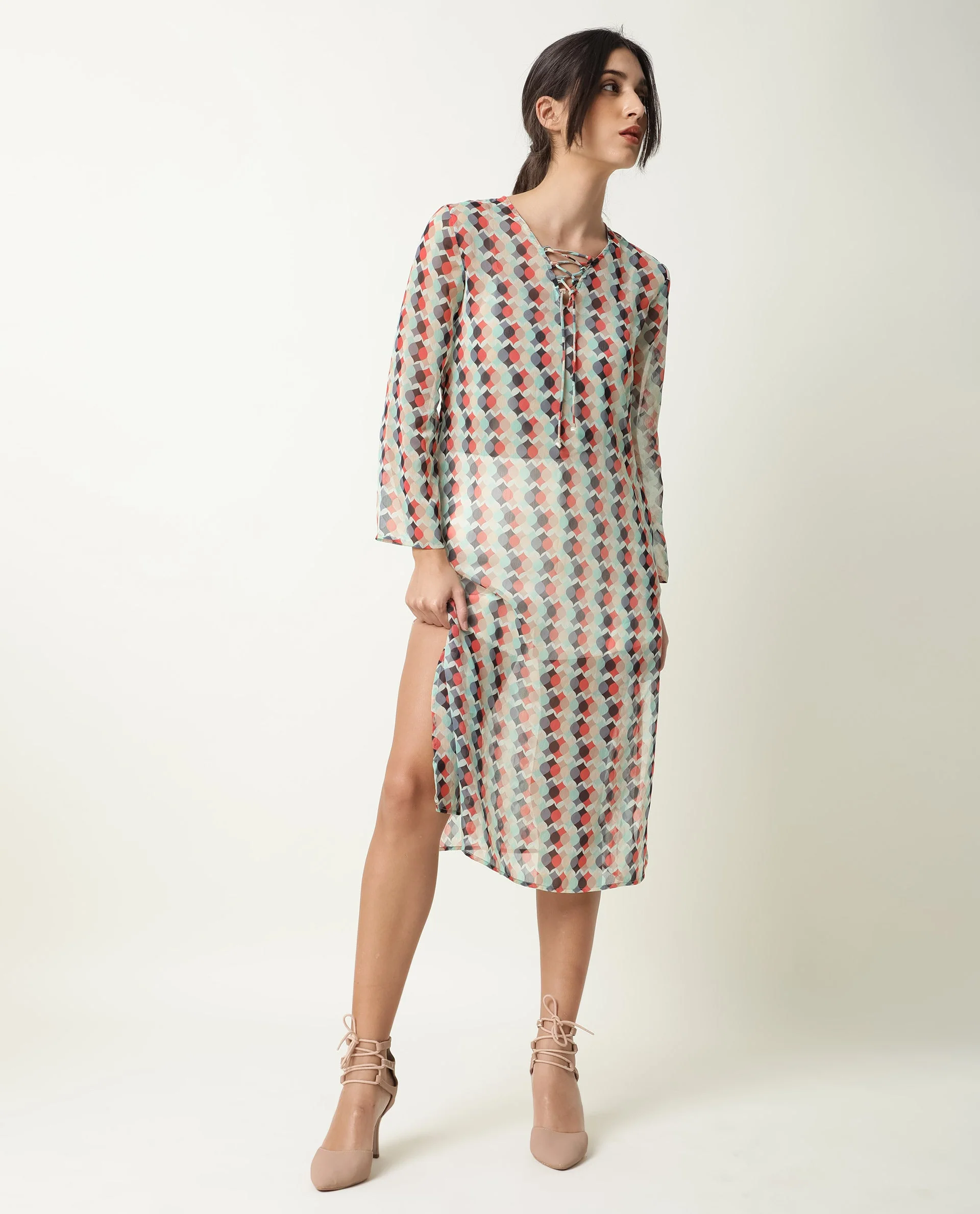 Rareism Women's Mirun Multi Tie-Up Neck Abstract Print Knee Length Regular Fit Dress - Image 10