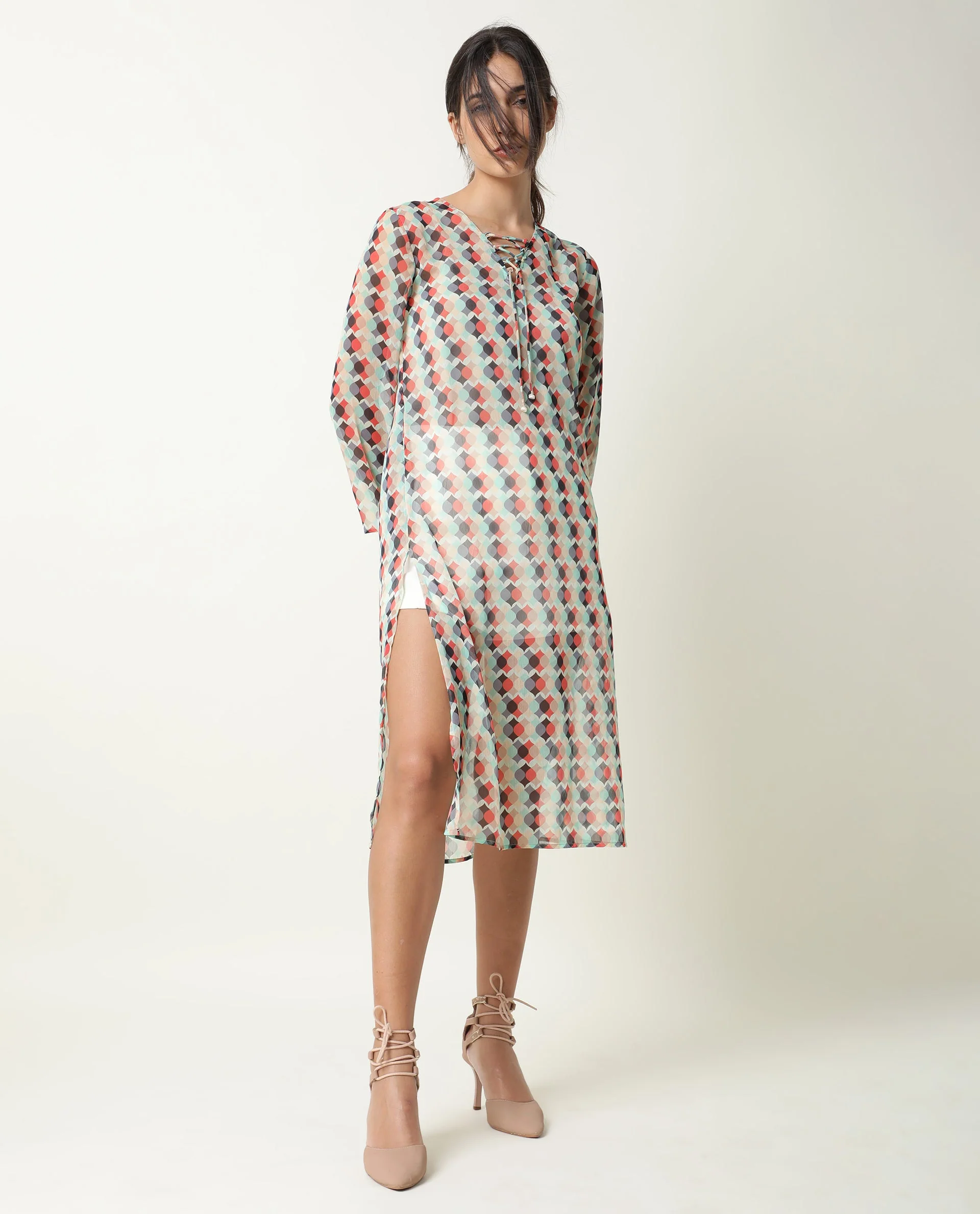 Rareism Women's Mirun Multi Tie-Up Neck Abstract Print Knee Length Regular Fit Dress - Image 2