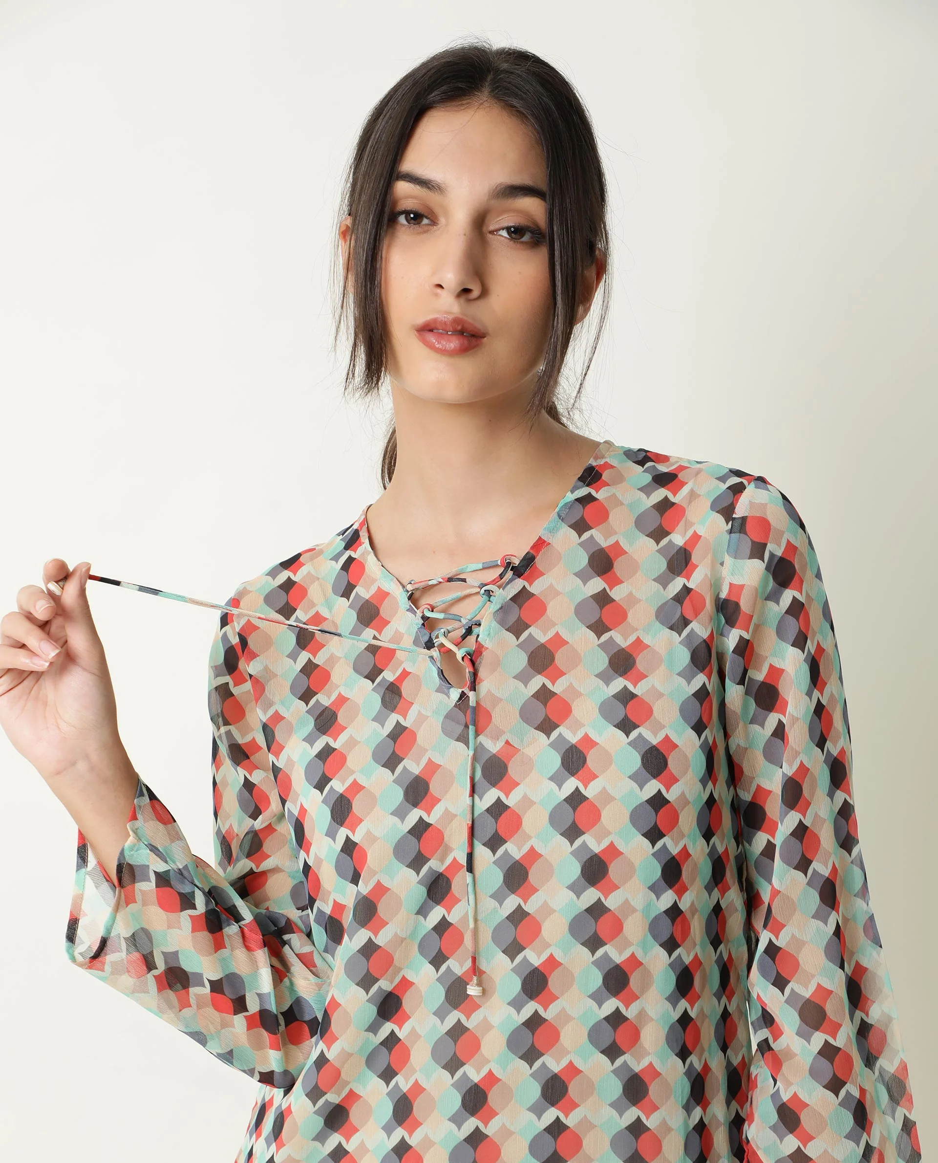 Rareism Women's Mirun Multi Tie-Up Neck Abstract Print Knee Length Regular Fit Dress - Image 3