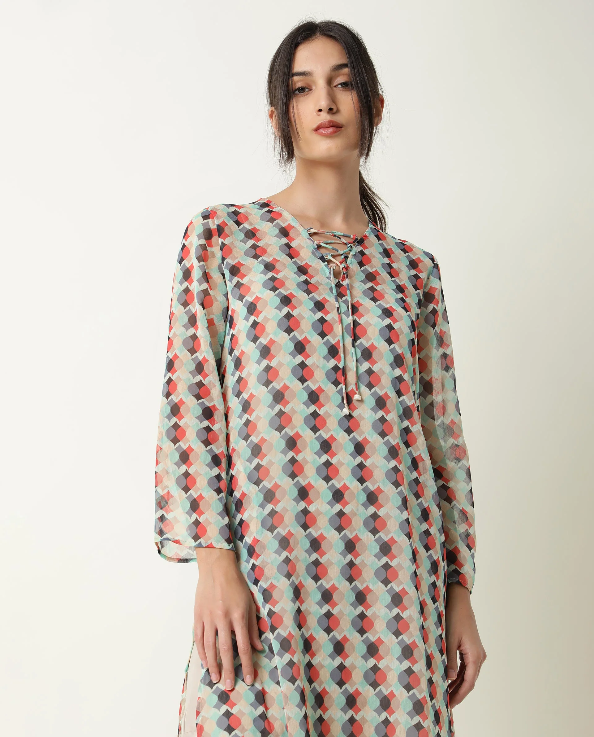 Rareism Women's Mirun Multi Tie-Up Neck Abstract Print Knee Length Regular Fit Dress - Image 4