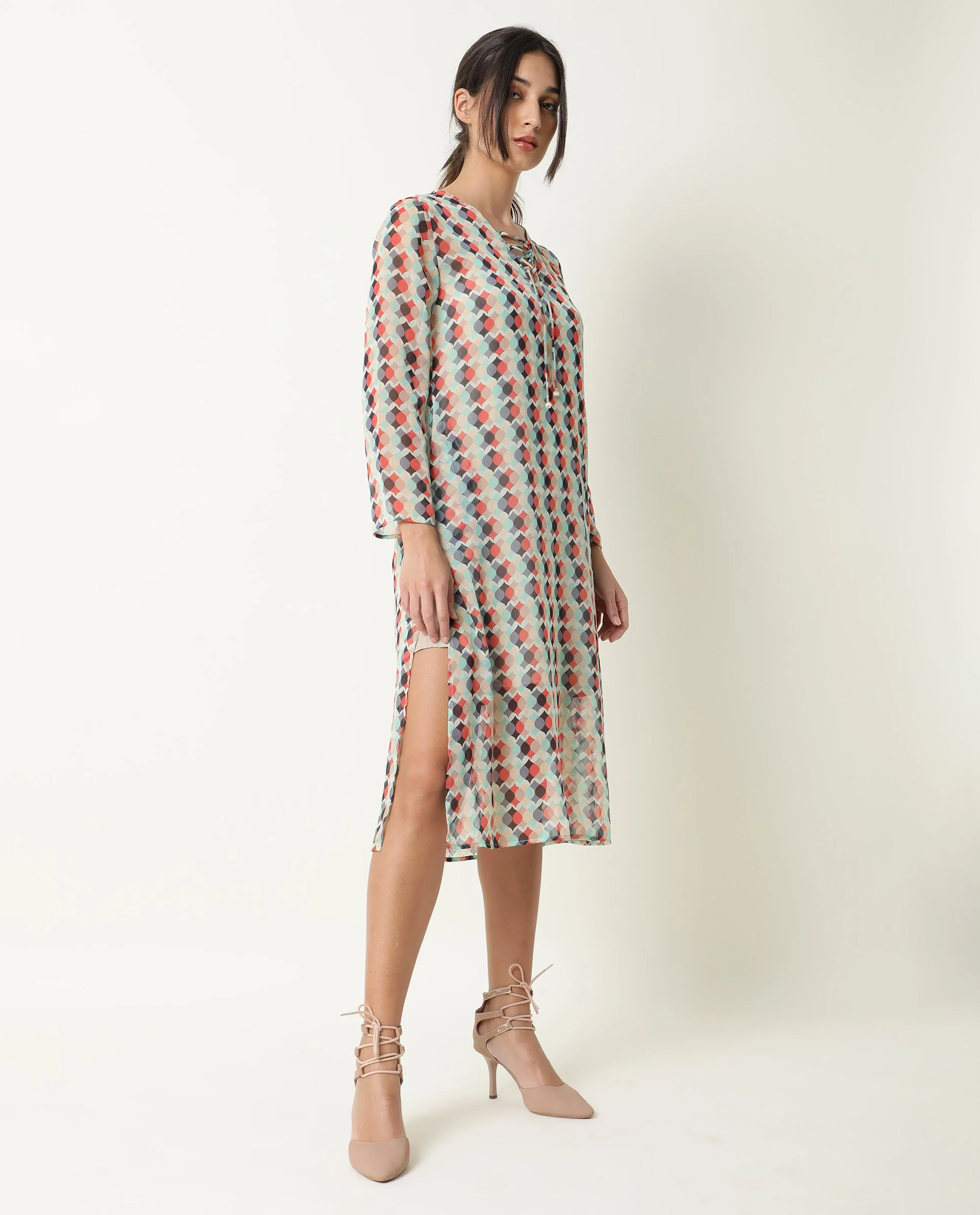 Rareism Women's Mirun Multi Tie-Up Neck Abstract Print Knee Length Regular Fit Dress - Image 5