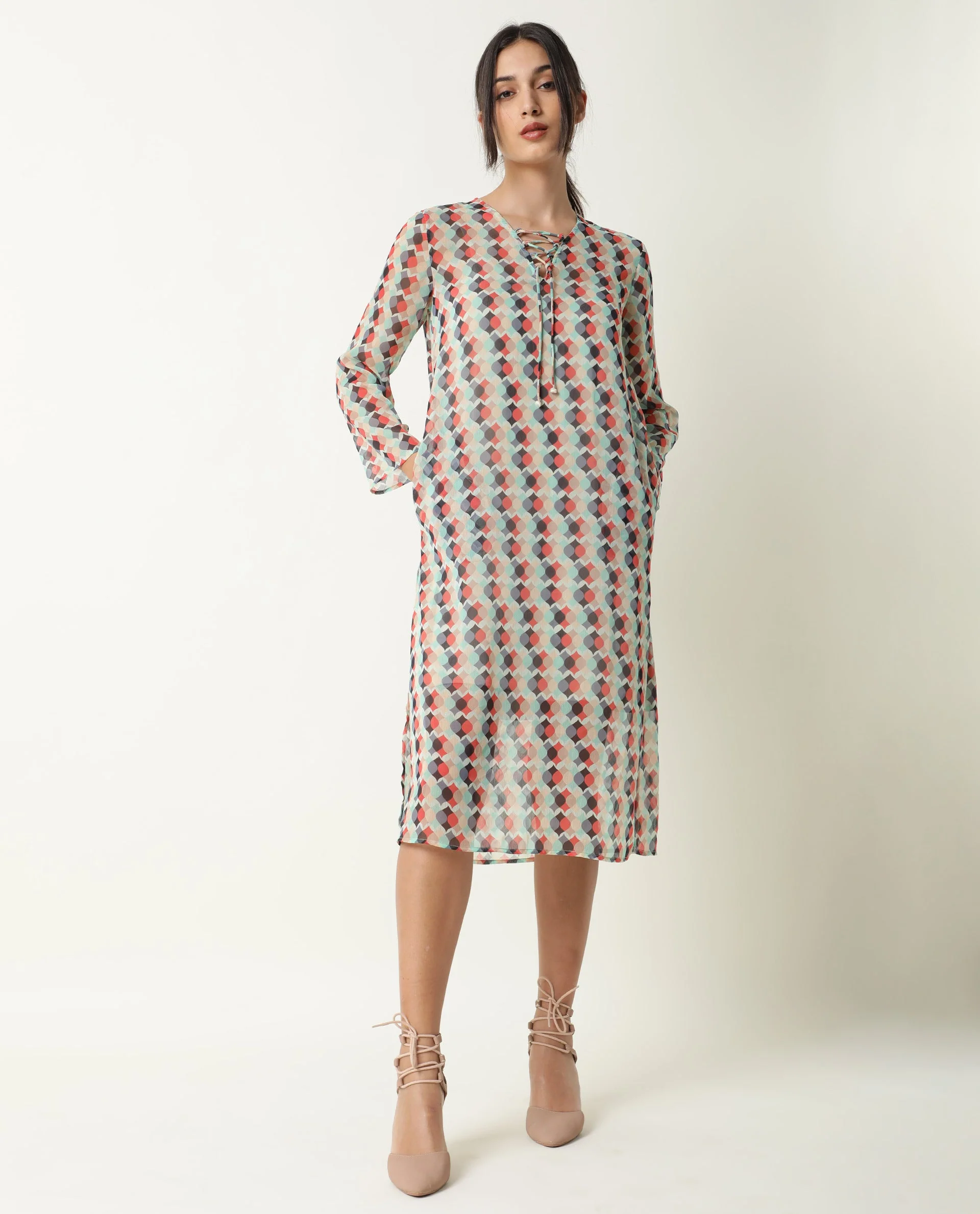 Rareism Women's Mirun Multi Tie-Up Neck Abstract Print Knee Length Regular Fit Dress - Image 6