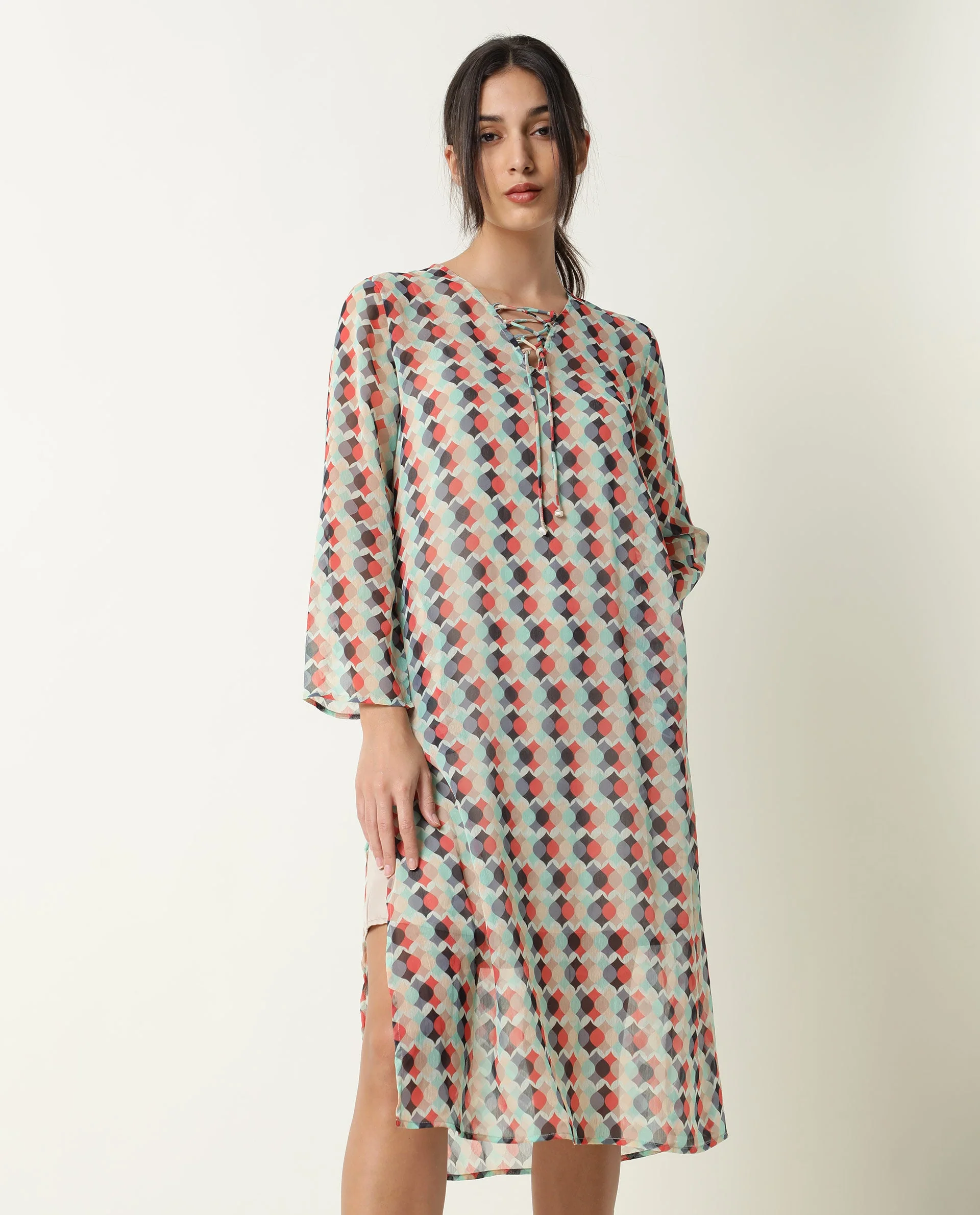 Rareism Women's Mirun Multi Tie-Up Neck Abstract Print Knee Length Regular Fit Dress - Image 7