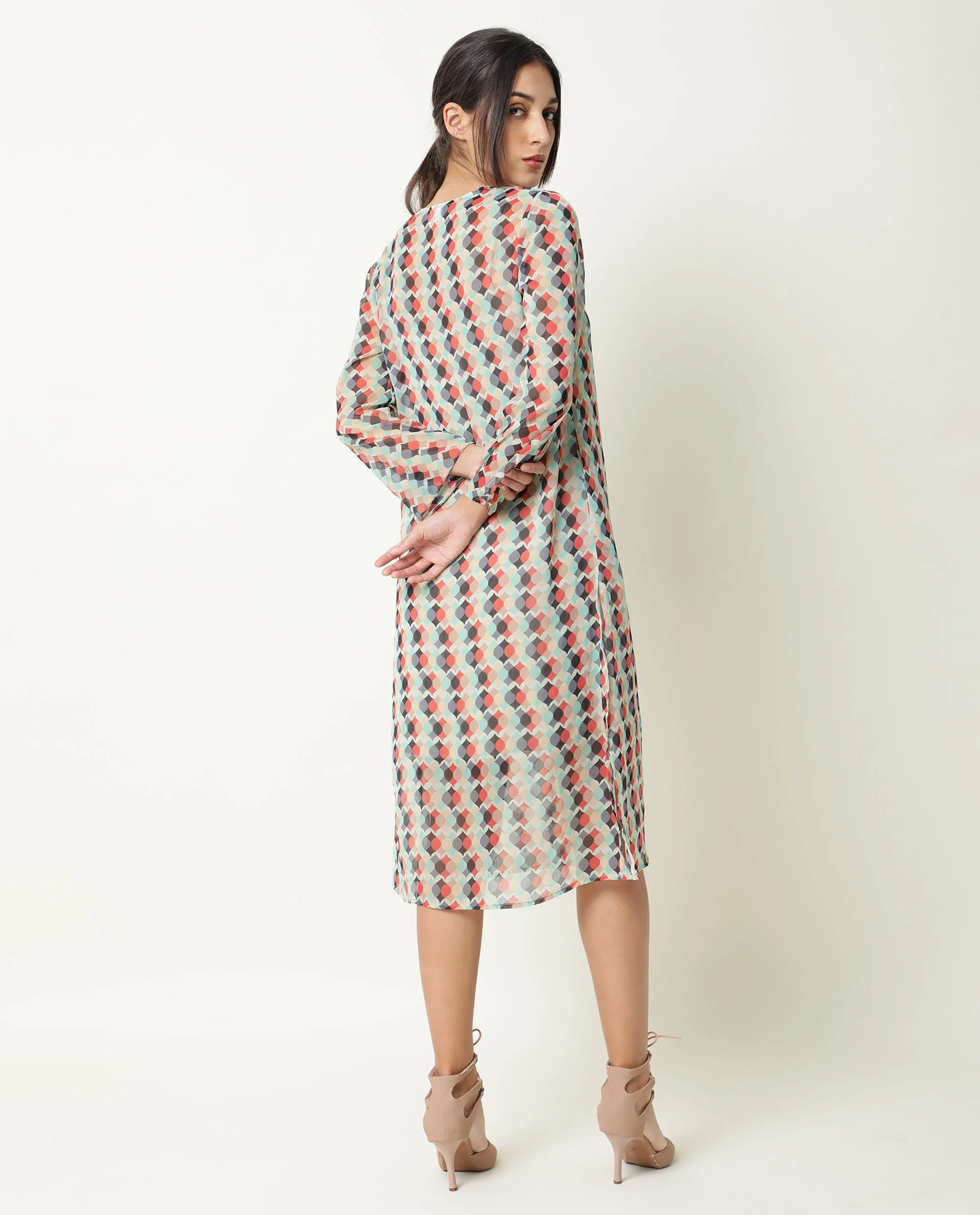 Rareism Women's Mirun Multi Tie-Up Neck Abstract Print Knee Length Regular Fit Dress - Image 8