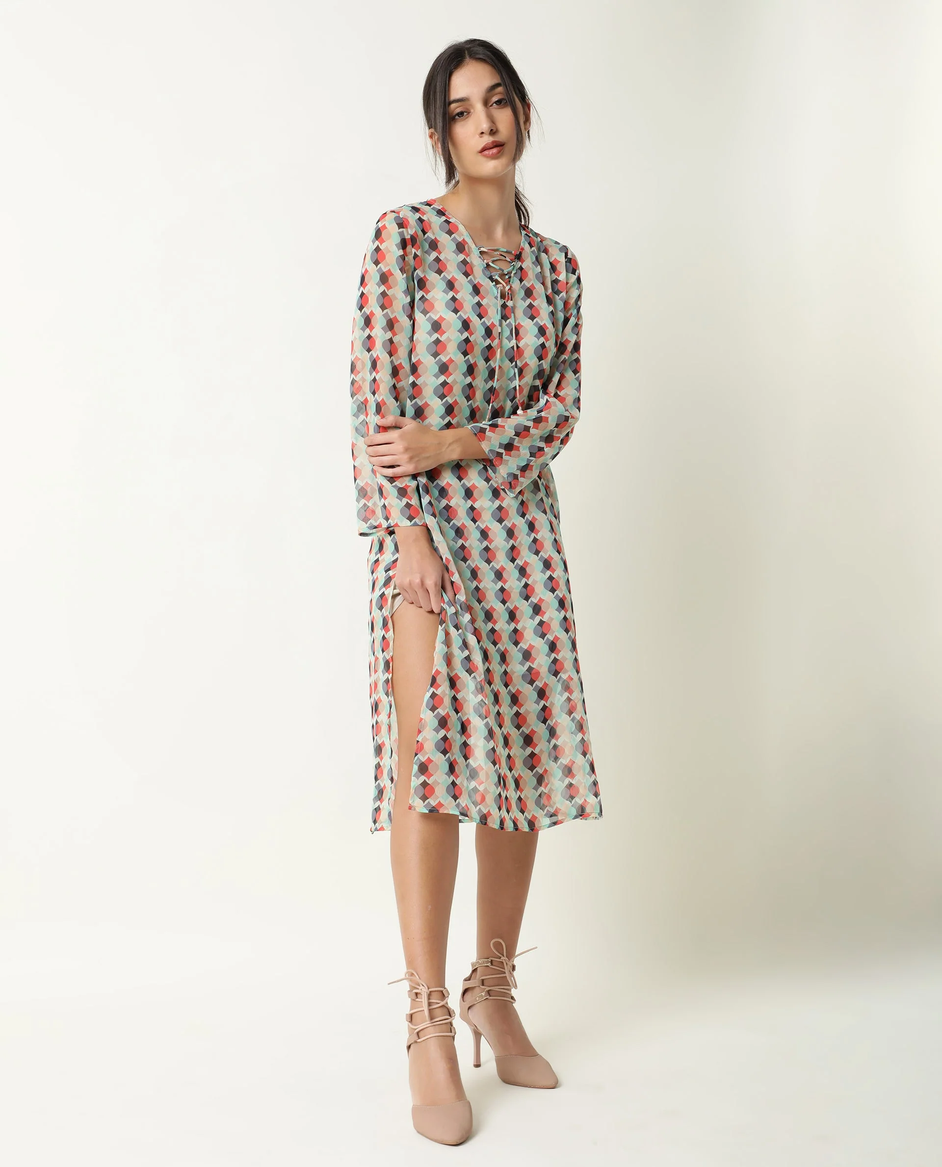Rareism Women's Mirun Multi Tie-Up Neck Abstract Print Knee Length Regular Fit Dress - Image 9