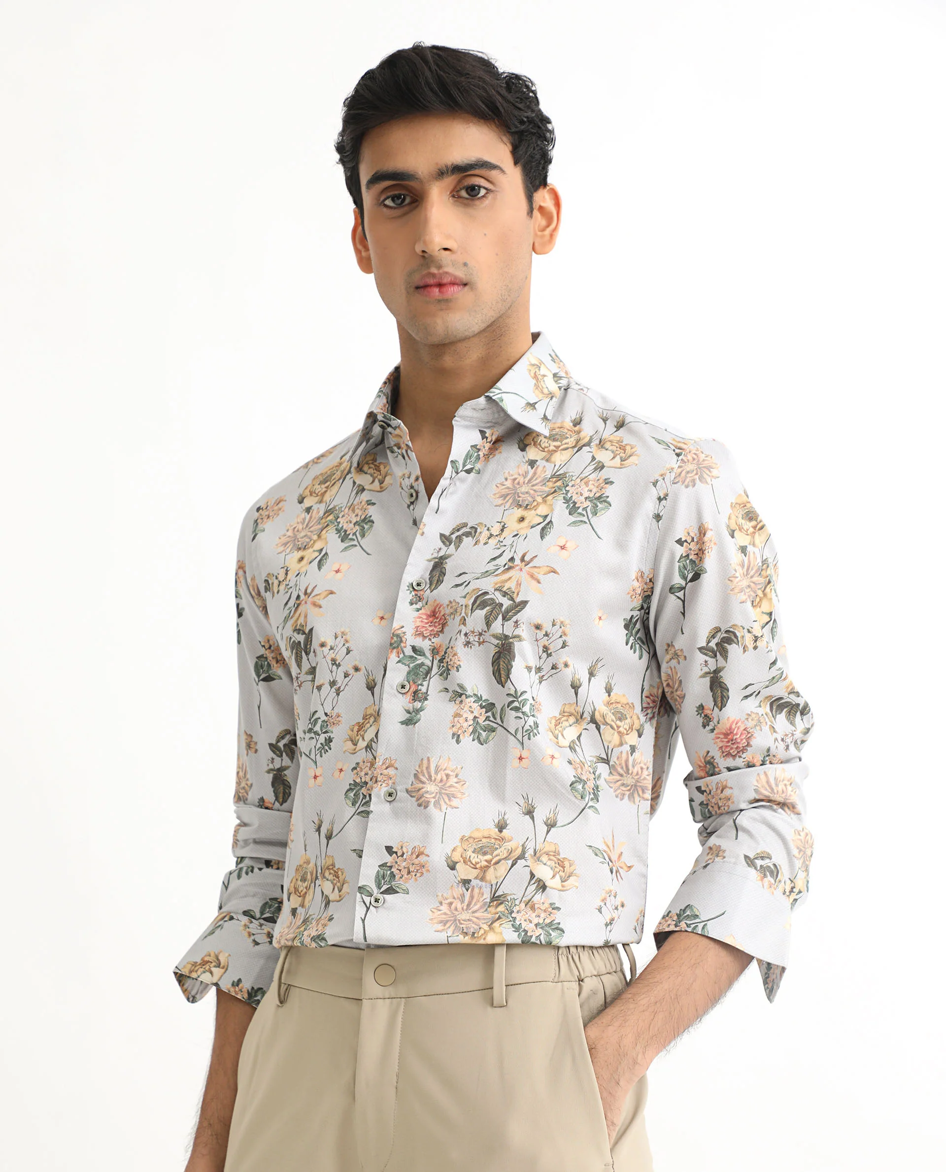 Rare Rabbit Men's Misa Grey Cotton Floral Print Regular Fit Full Sleeve Collared Shirt - Image 3