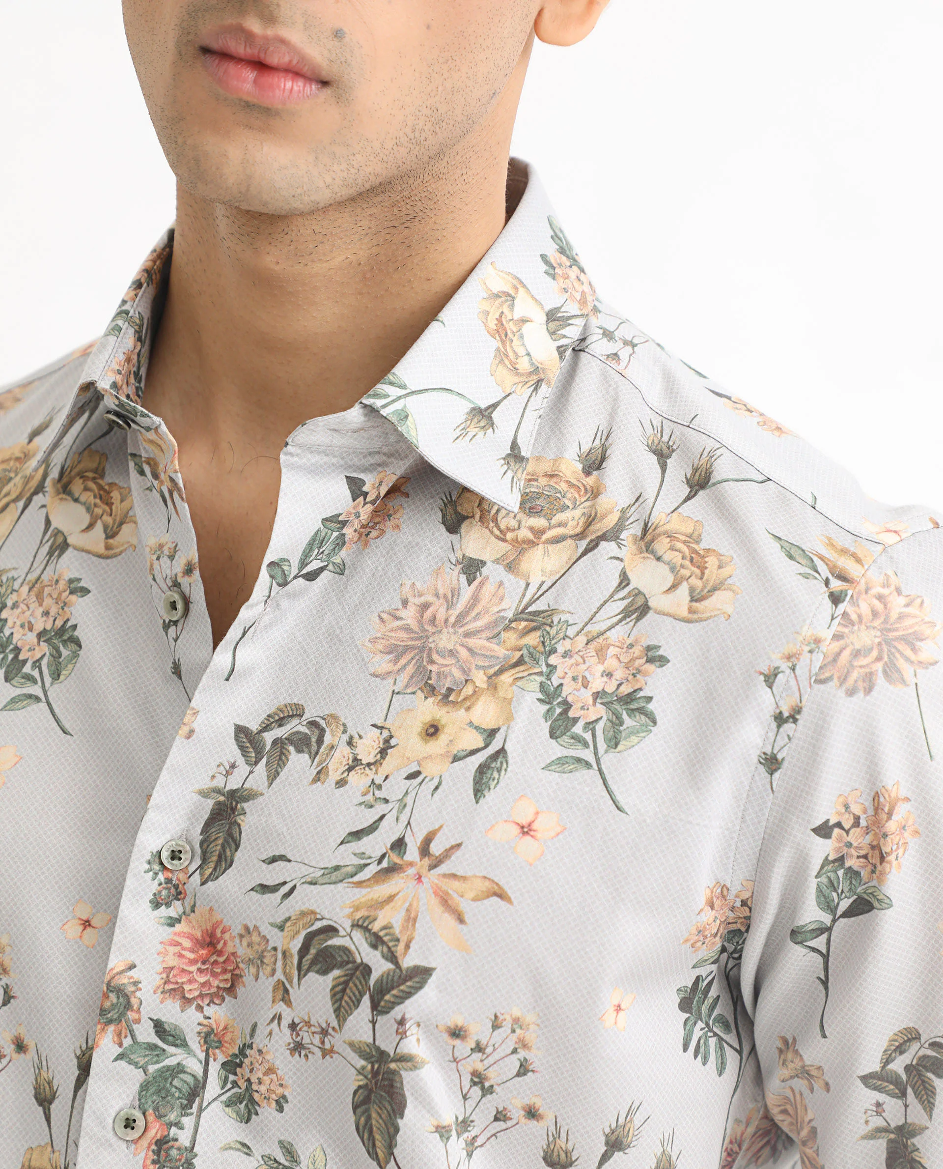 Rare Rabbit Men's Misa Grey Cotton Floral Print Regular Fit Full Sleeve Collared Shirt - Image 4