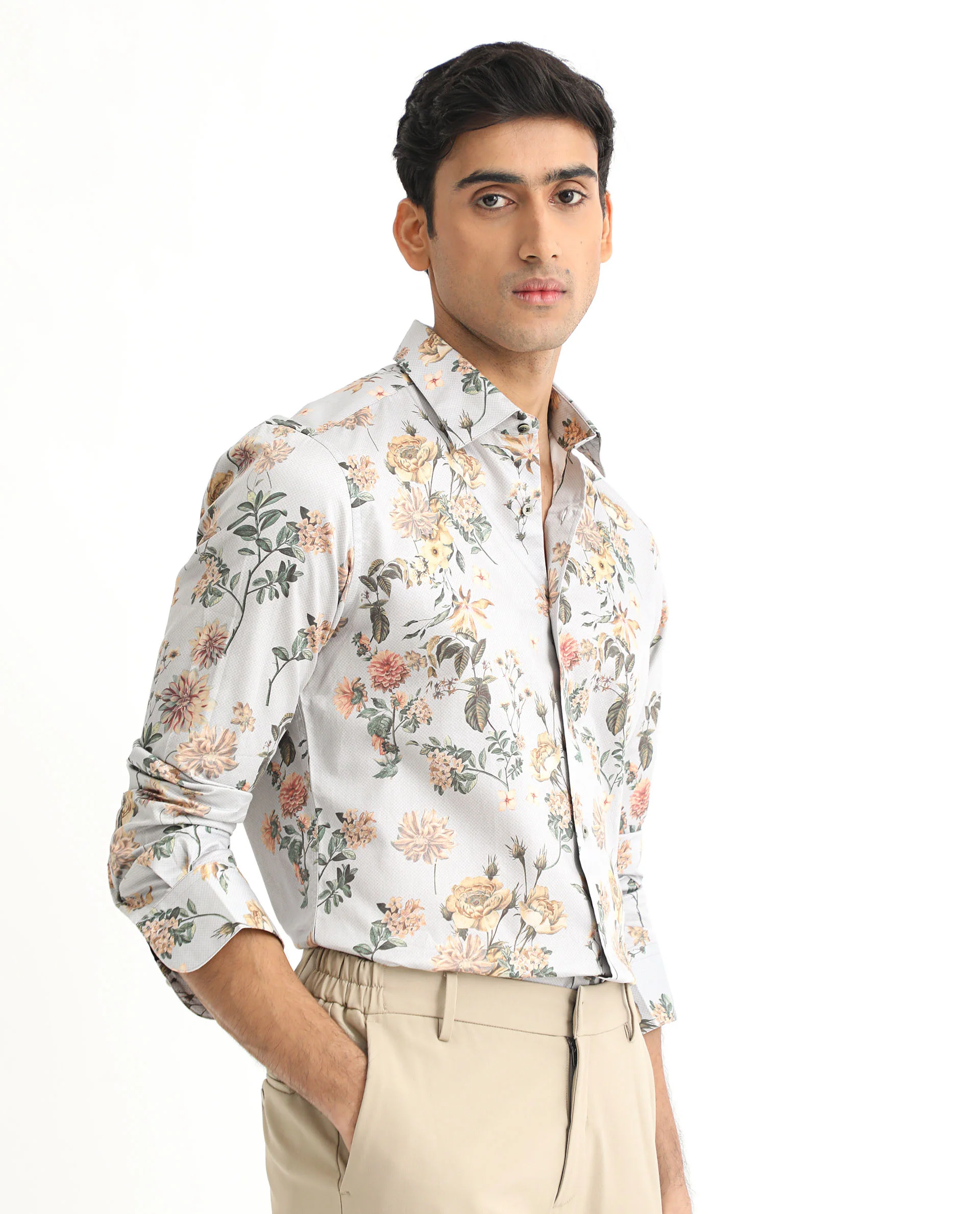 Rare Rabbit Men's Misa Grey Cotton Floral Print Regular Fit Full Sleeve Collared Shirt - Image 7