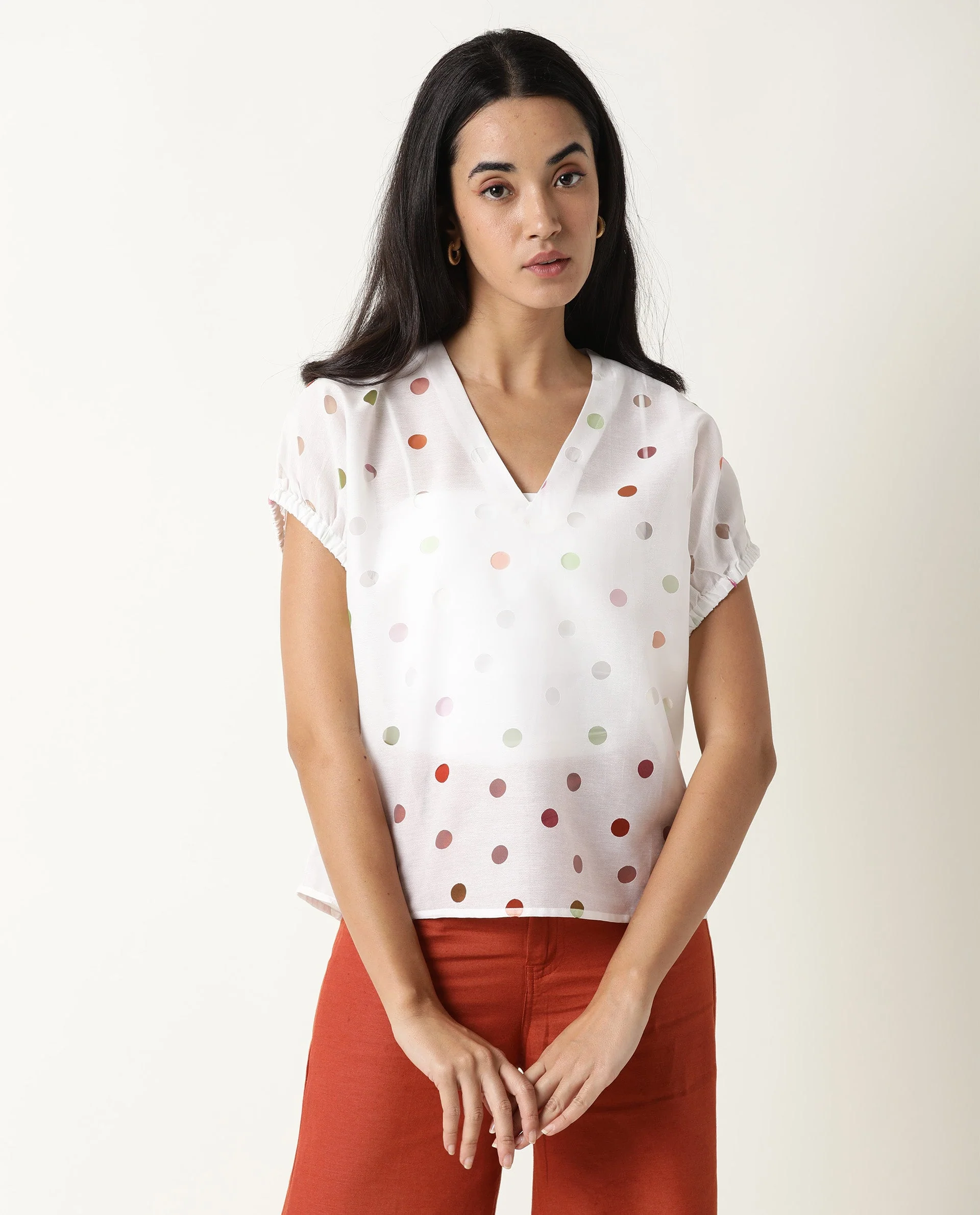 Rareism Women's Misan White V-Neck Color Block Knee Length Regular Fit Top