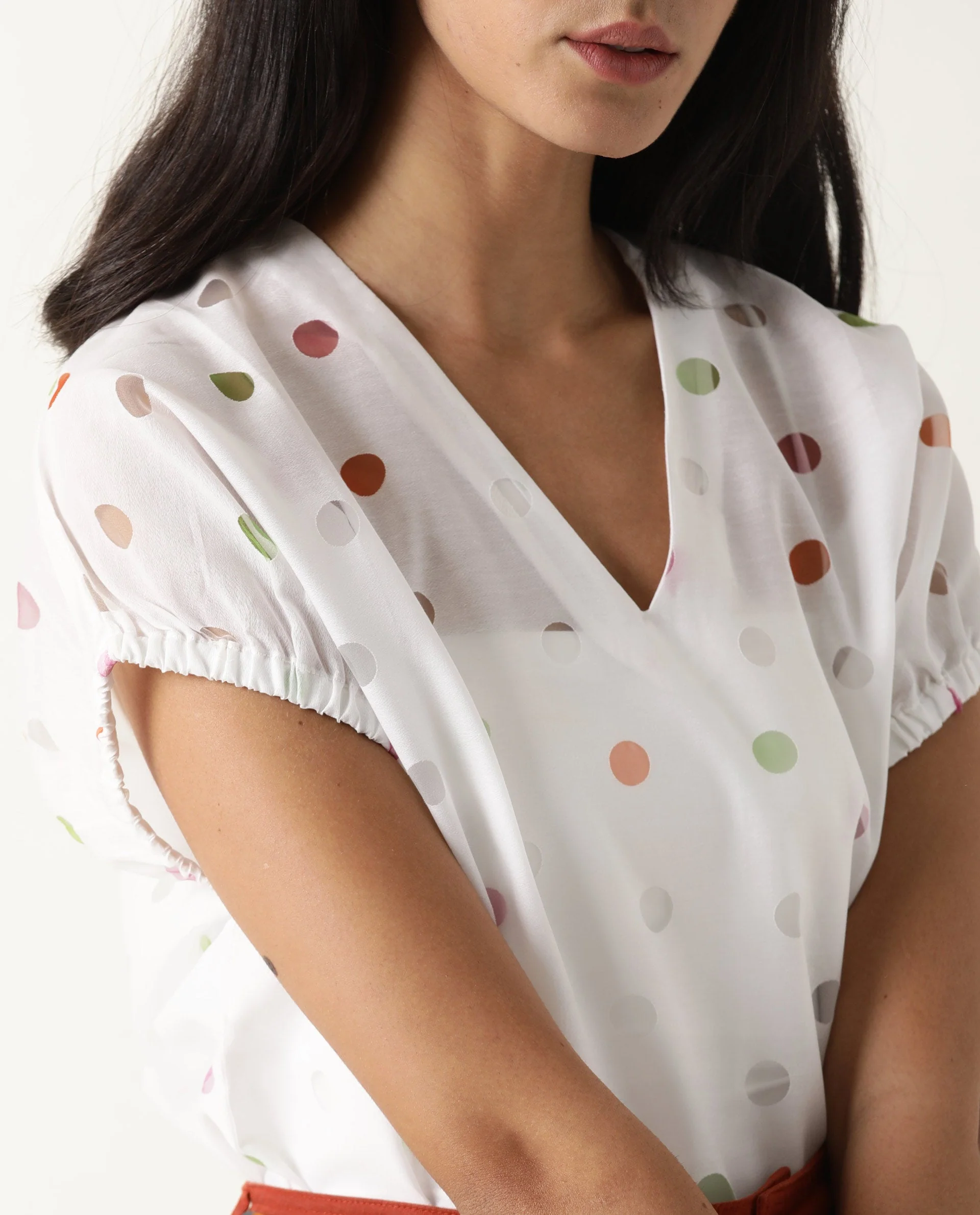 Rareism Women's Misan White V-Neck Color Block Knee Length Regular Fit Top - Image 2