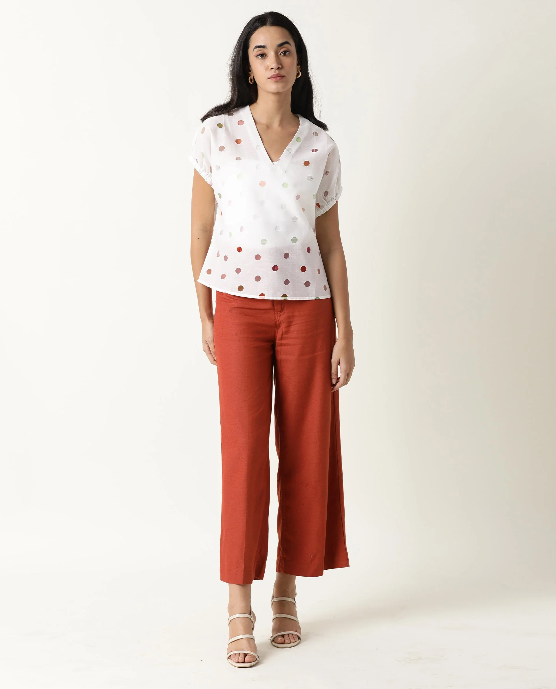 Rareism Women's Misan White V-Neck Color Block Knee Length Regular Fit Top - Image 4
