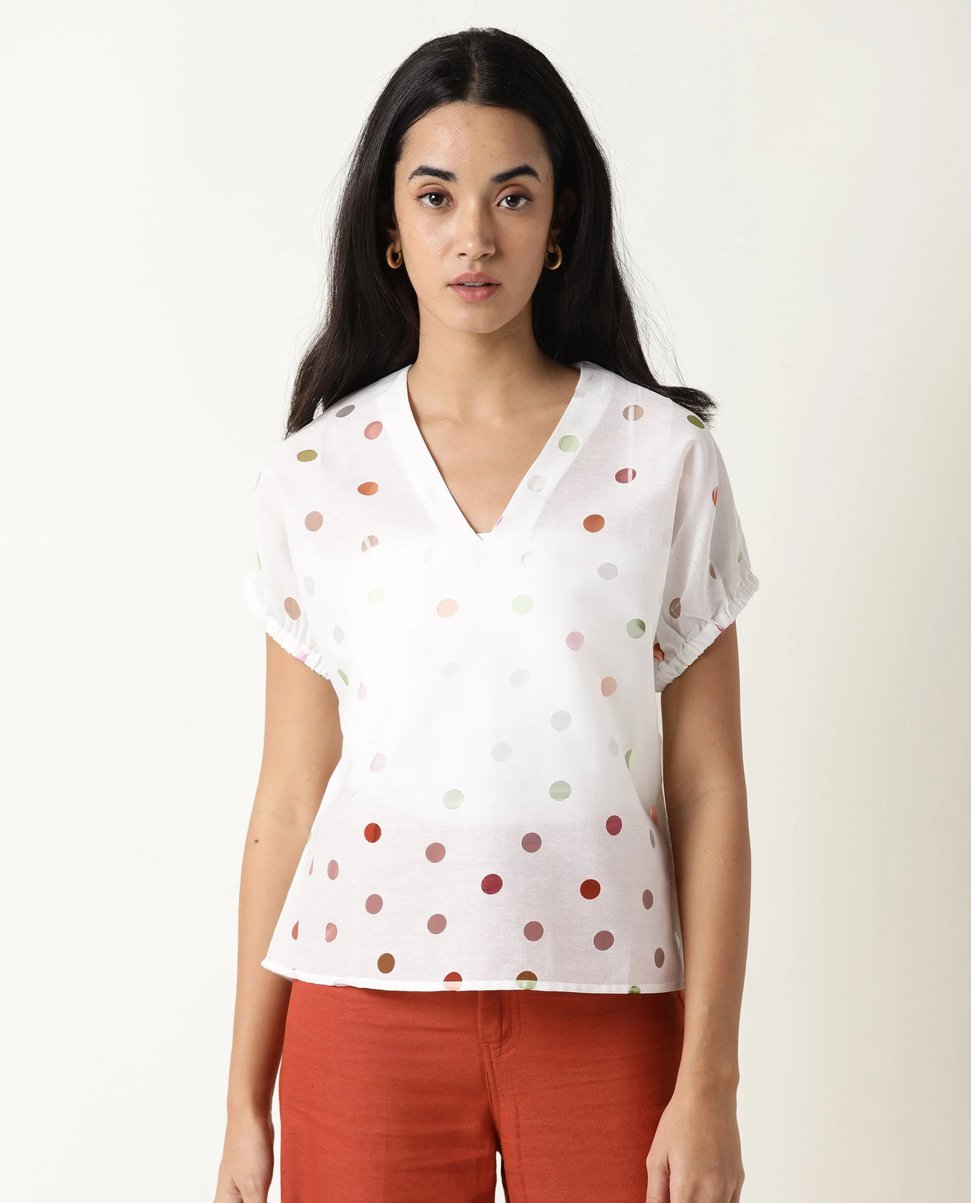 Rareism Women's Misan White V-Neck Color Block Knee Length Regular Fit Top - Image 5