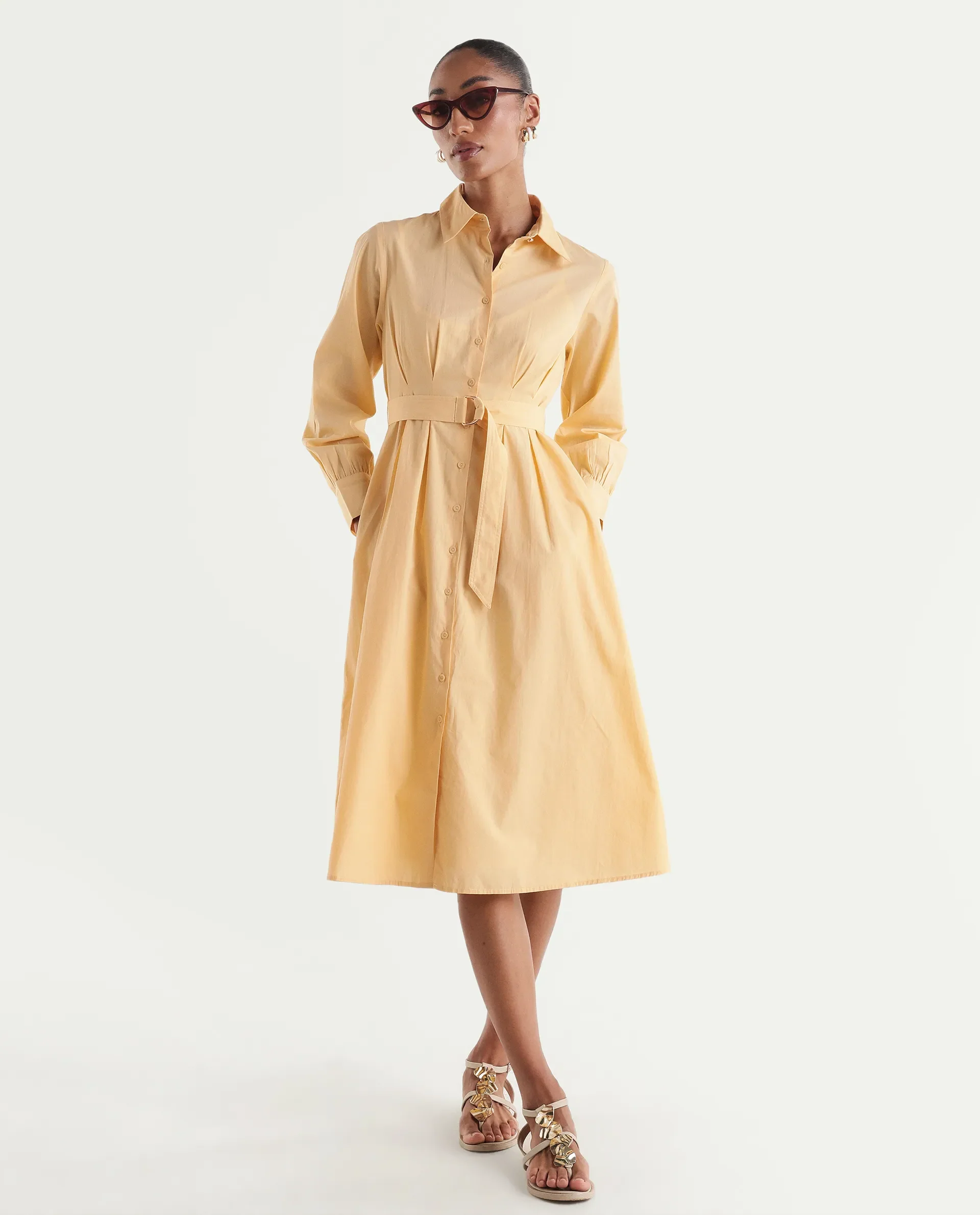 Rareism Women's Misar Light Yellow Cotton Full Sleeve Spread Collar A-Line Dress - Image 2