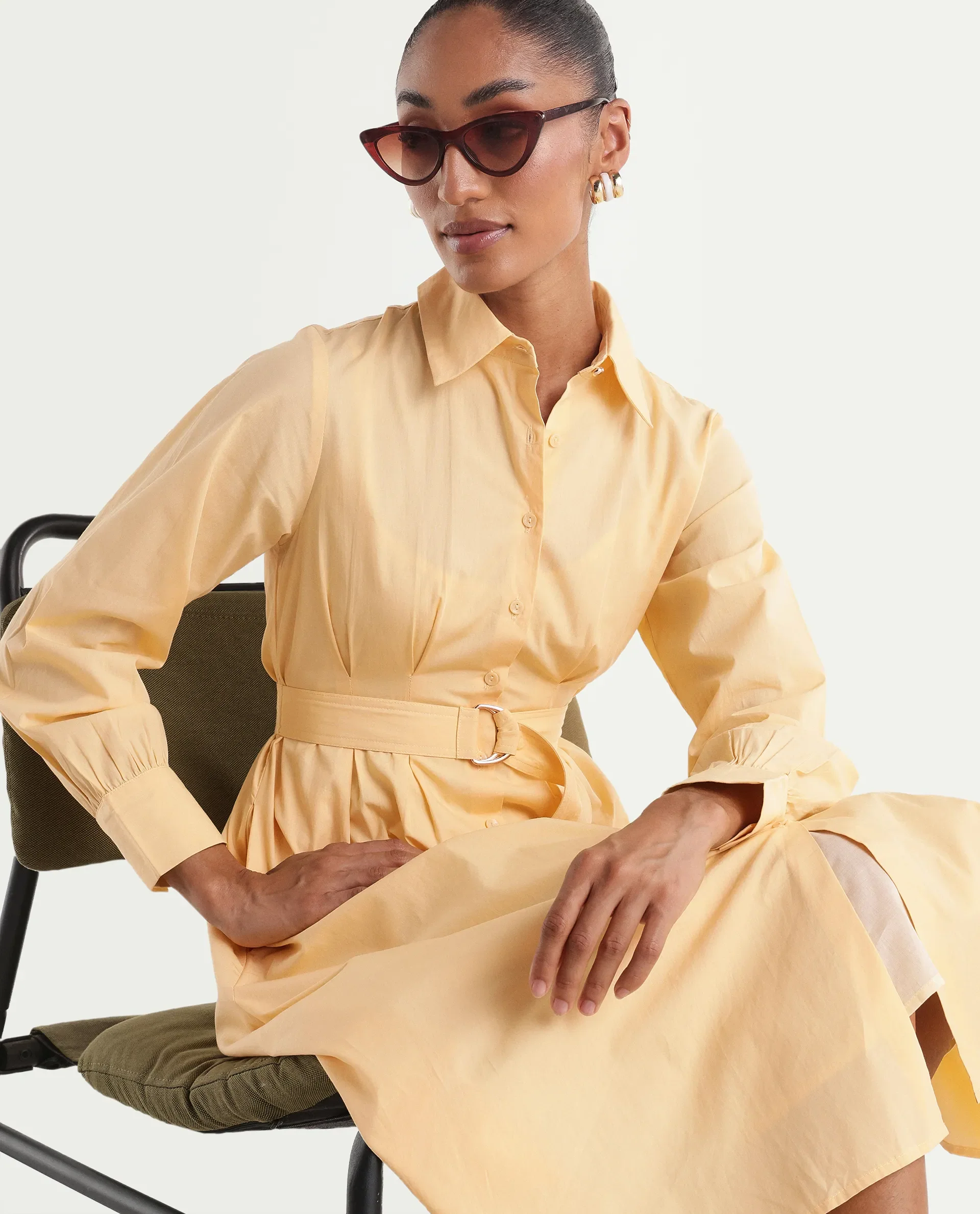 Rareism Women's Misar Light Yellow Cotton Full Sleeve Spread Collar A-Line Dress - Image 3