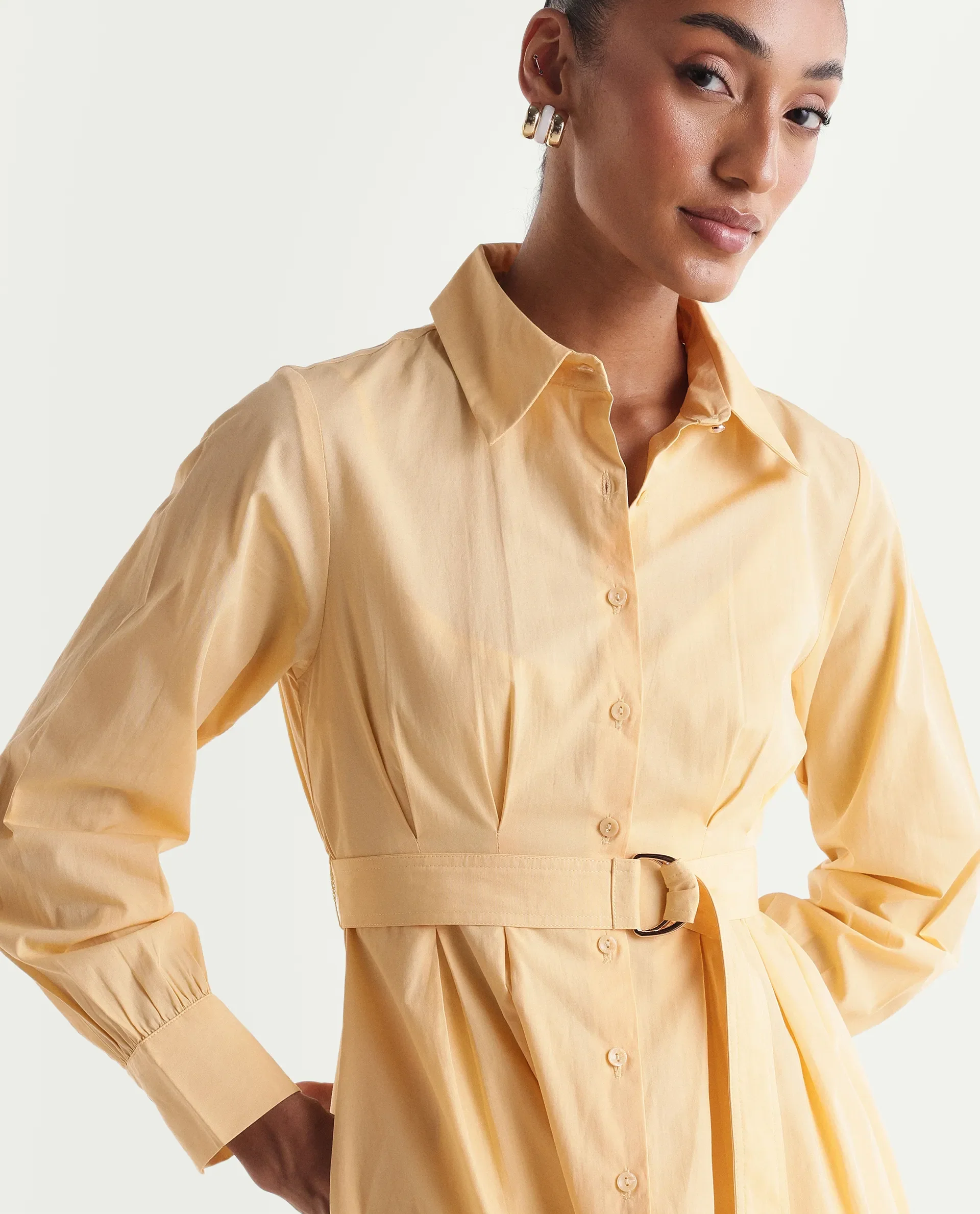 Rareism Women's Misar Light Yellow Cotton Full Sleeve Spread Collar A-Line Dress - Image 5