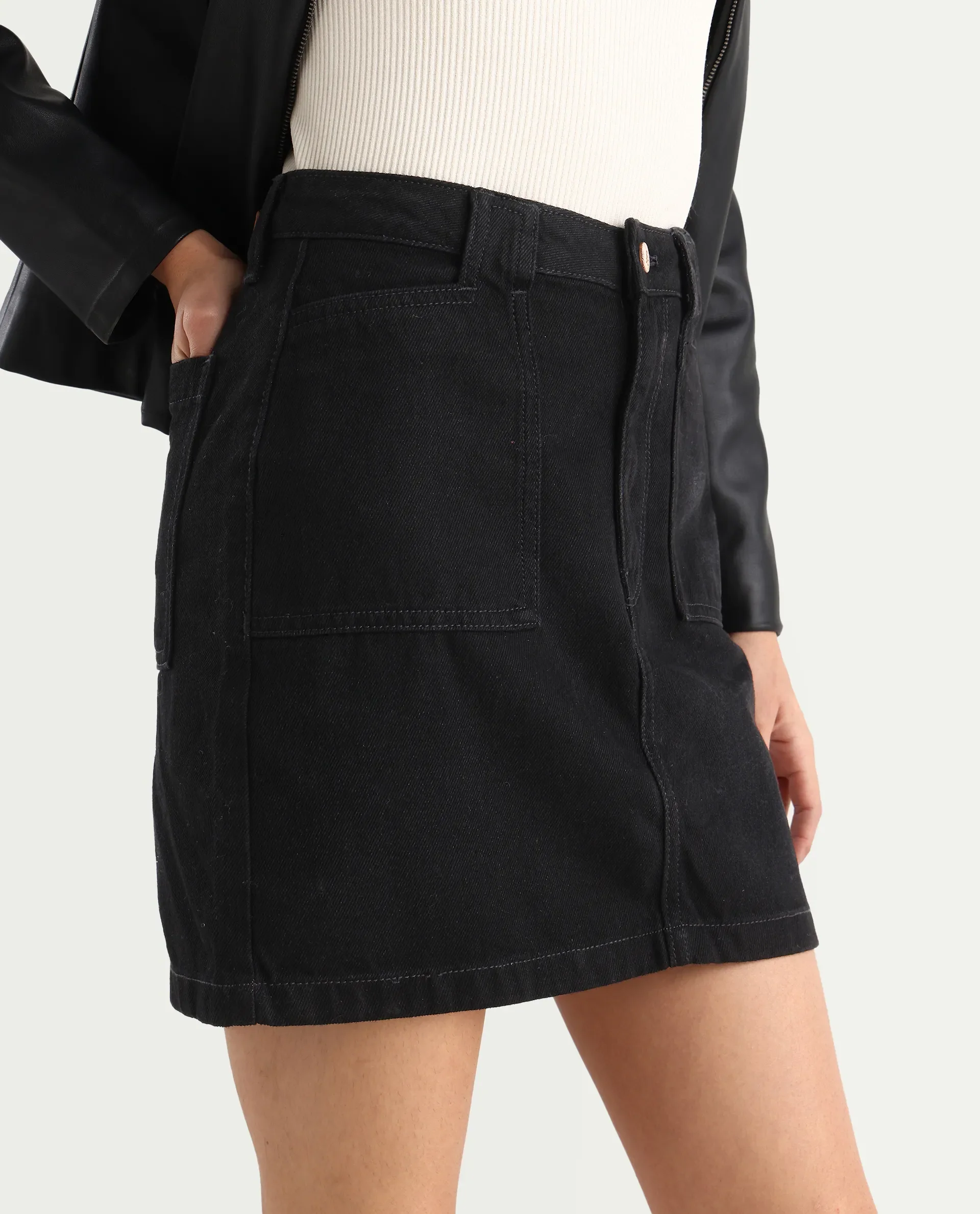 Rareism Women's Misko Black Cotton Plain Mini Straight Fit Skirt - Image 3