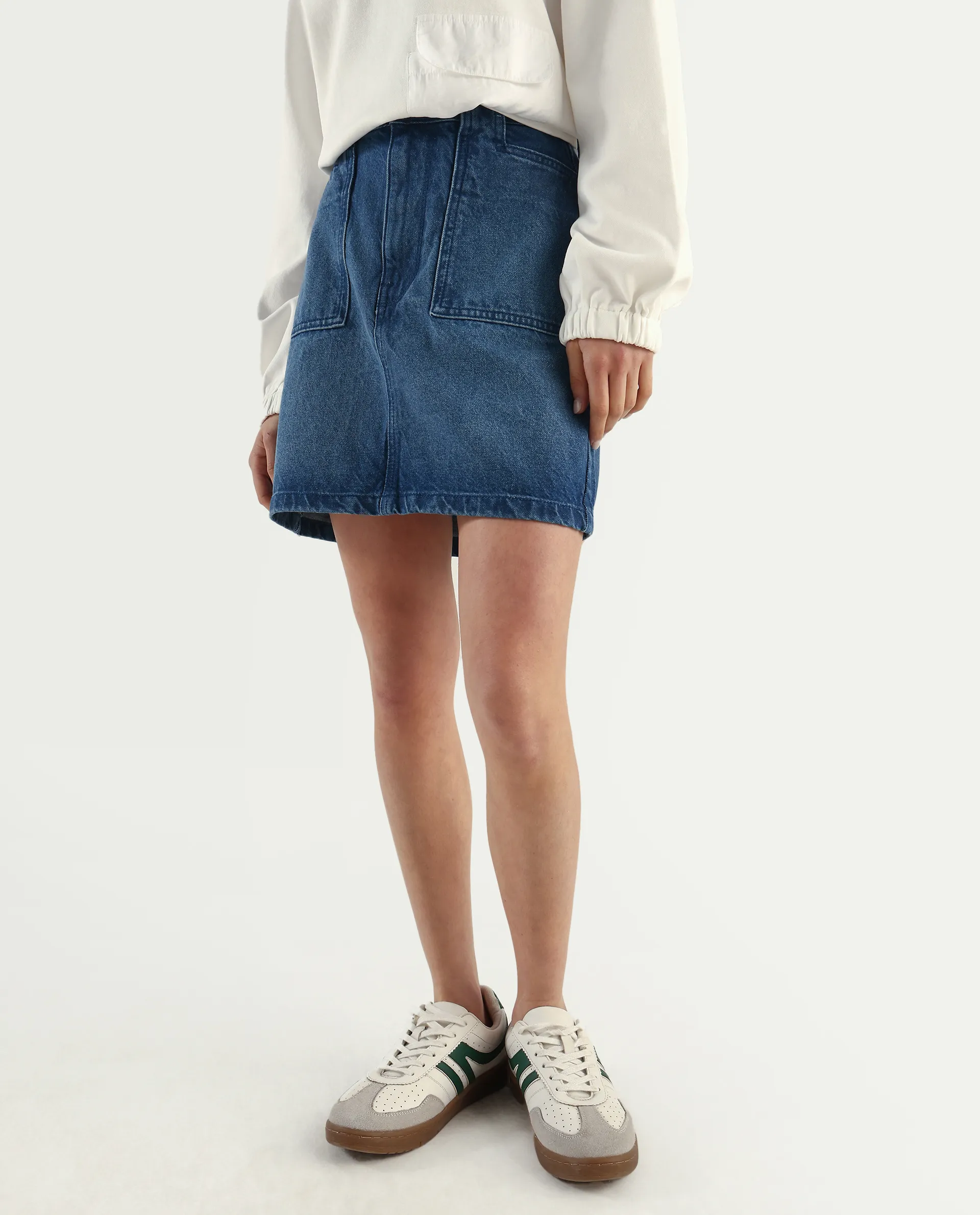 Rareism Women's Misky Blue Cotton Plain Mini Straight Fit Skirt - Image 2