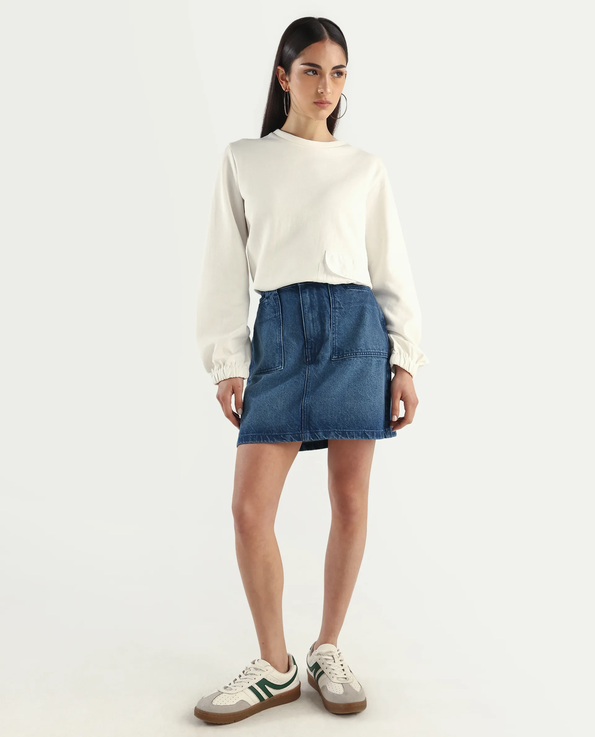 Rareism Women's Misky Blue Cotton Plain Mini Straight Fit Skirt - Image 3