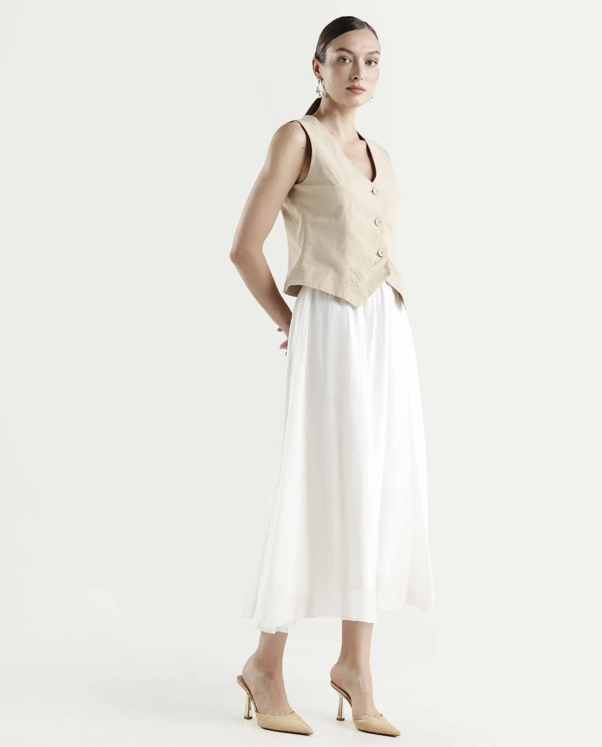 Rareism Women's Misky Off White Viscose Blend A-Line Plain Skirt - Image 6