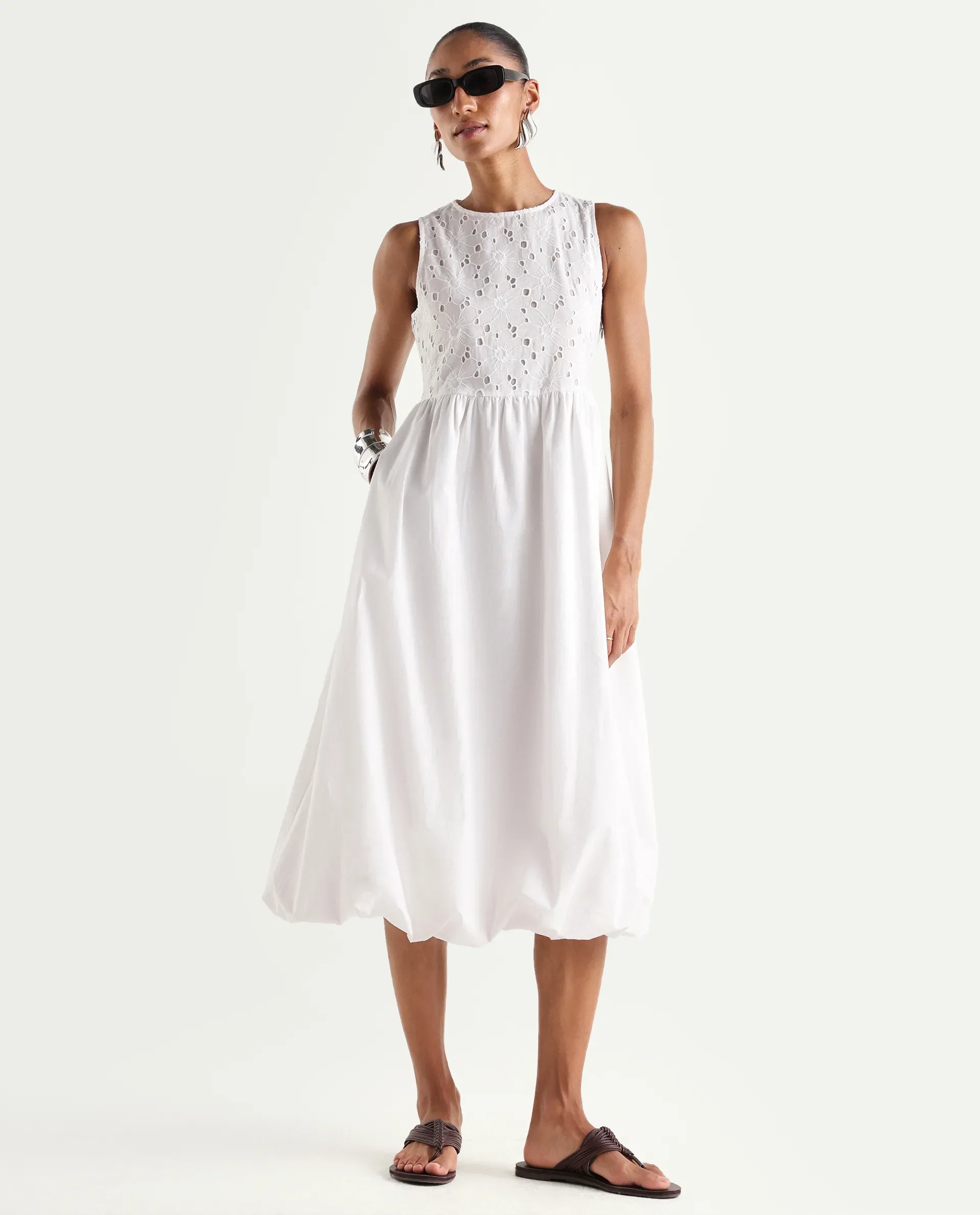 Rareism Women's Miso Off White Cotton Sleeveless Round Neck Fit And Flare Schiffli Dress - Image 2