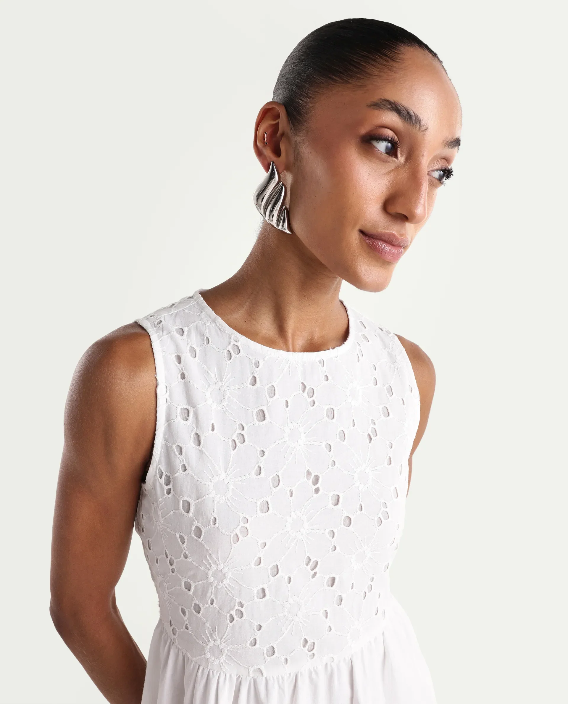 Rareism Women's Miso Off White Cotton Sleeveless Round Neck Fit And Flare Schiffli Dress - Image 3