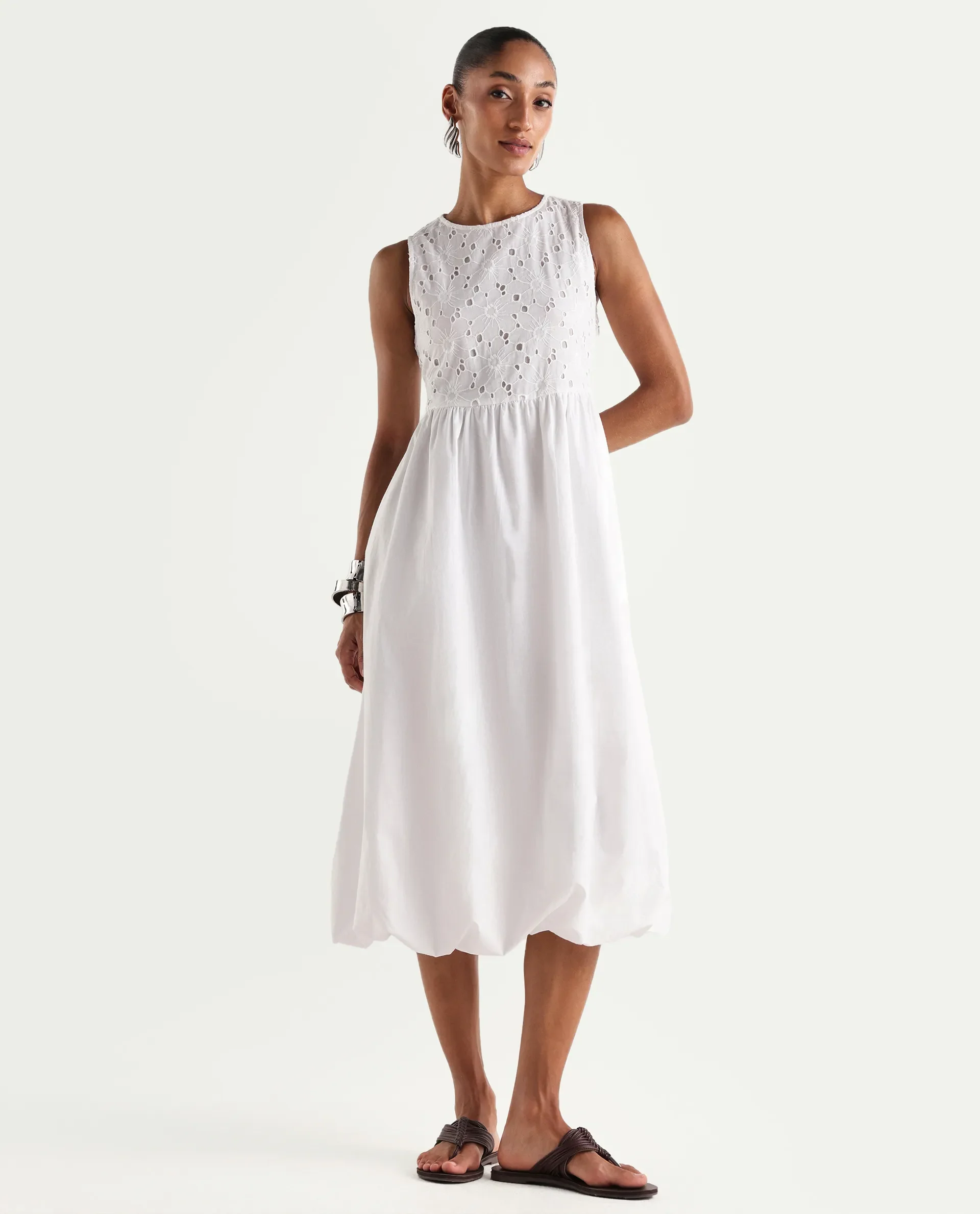 Rareism Women's Miso Off White Cotton Sleeveless Round Neck Fit And Flare Schiffli Dress - Image 4