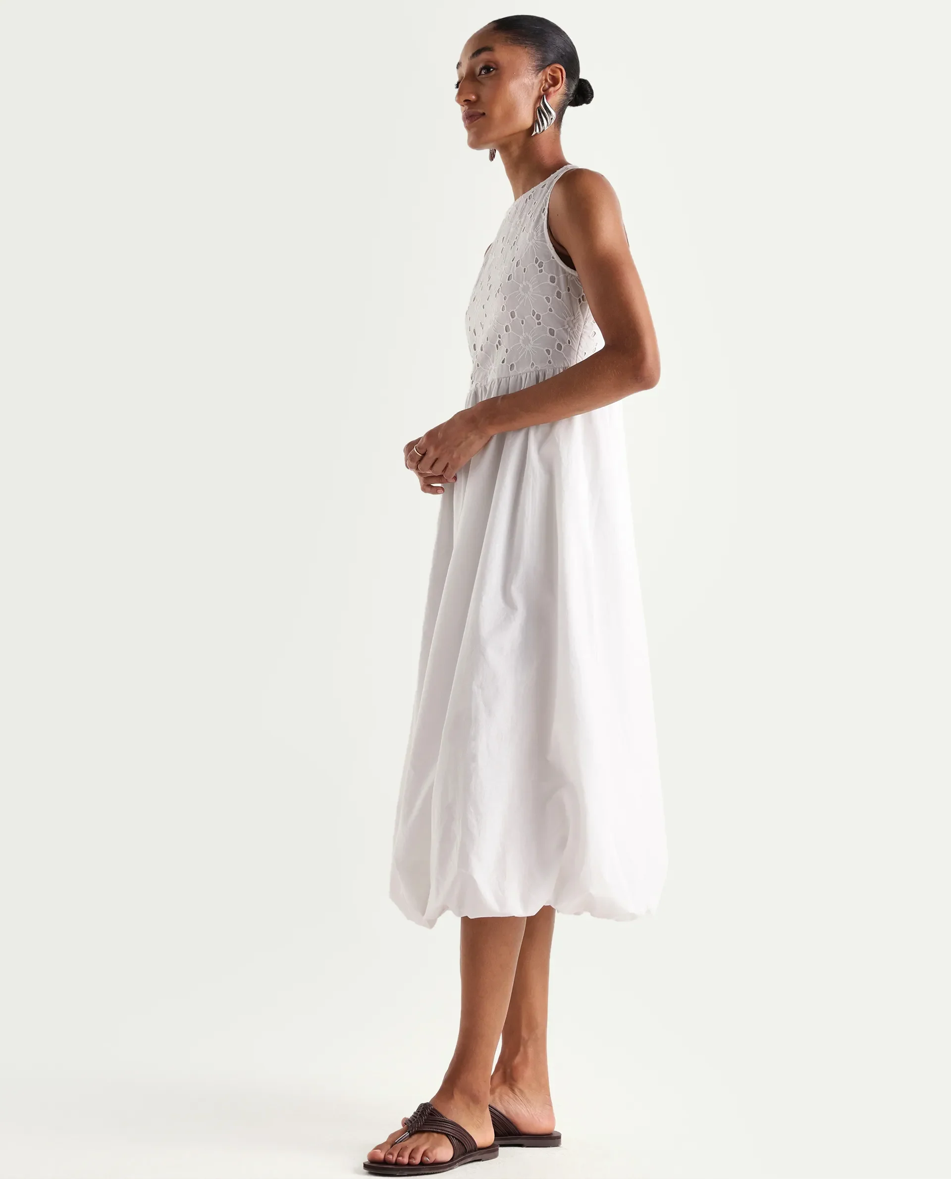 Rareism Women's Miso Off White Cotton Sleeveless Round Neck Fit And Flare Schiffli Dress - Image 5