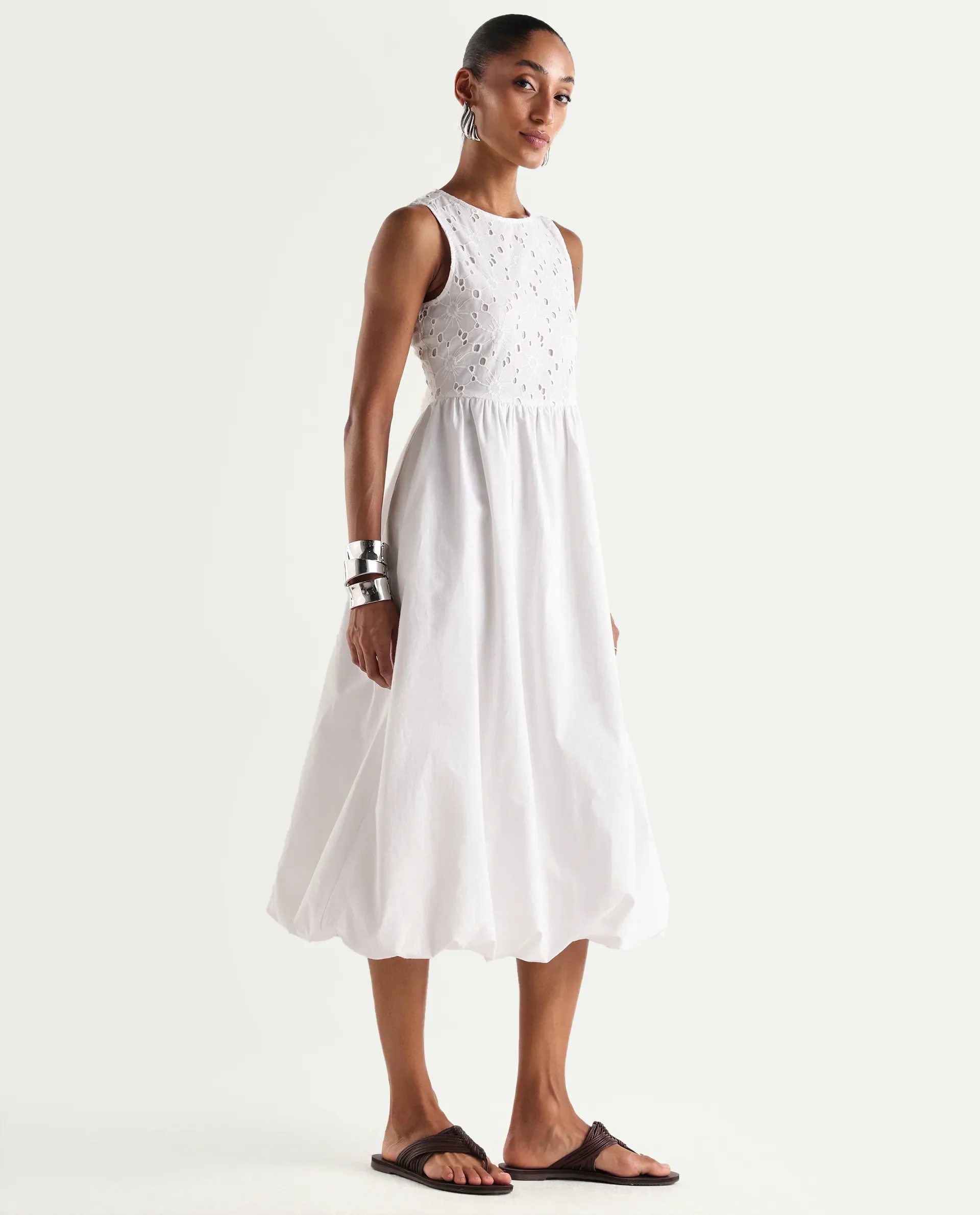 Rareism Women's Miso Off White Cotton Sleeveless Round Neck Fit And Flare Schiffli Dress - Image 6