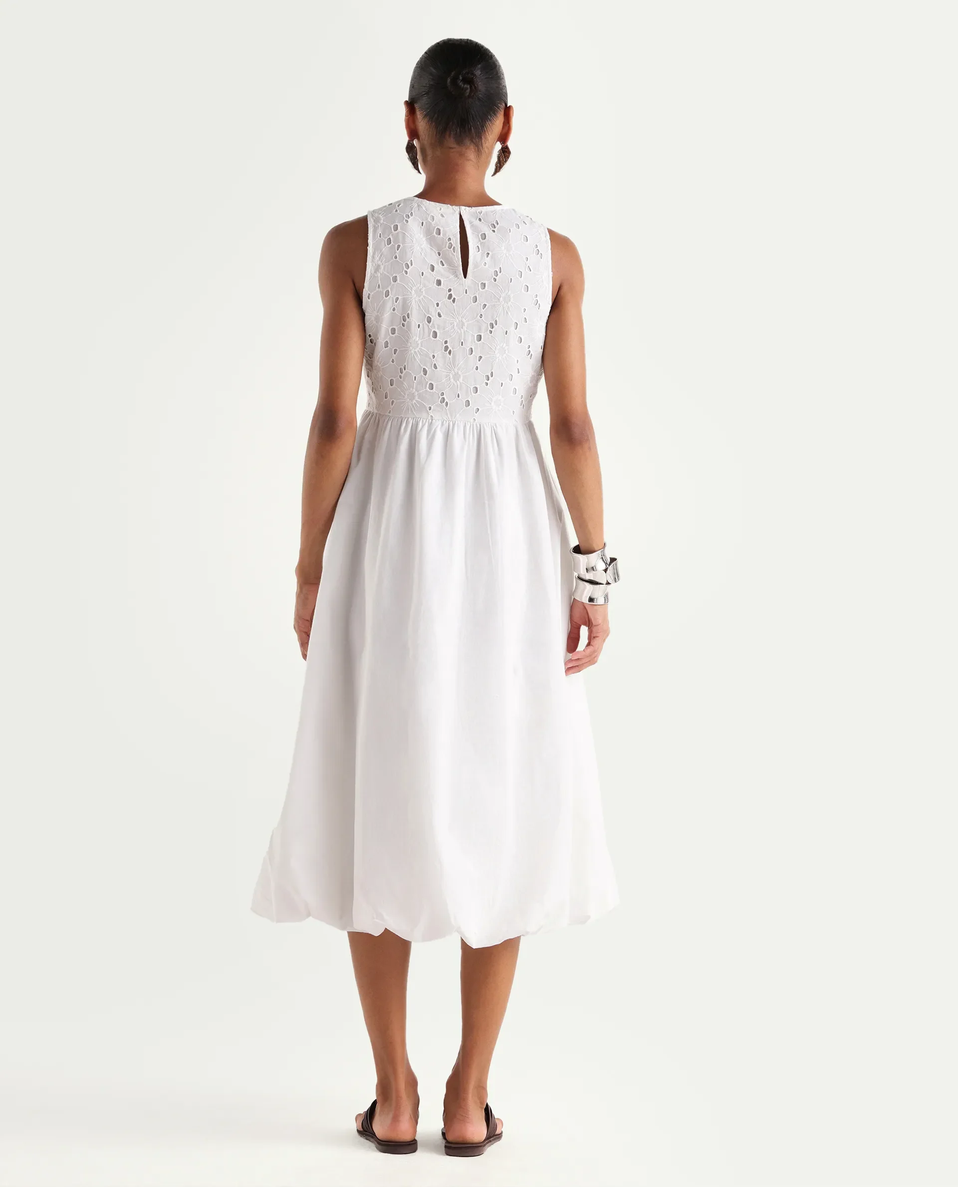 Rareism Women's Miso Off White Cotton Sleeveless Round Neck Fit And Flare Schiffli Dress - Image 7