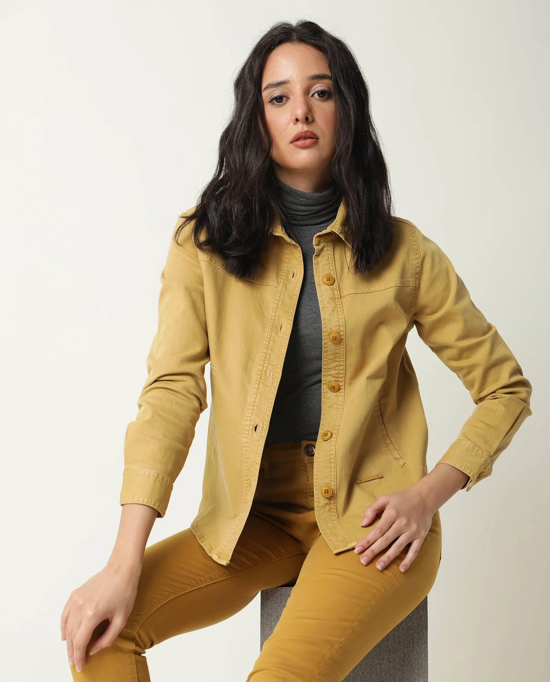 Rareism Women's Mission Mustard Cotton Blend Spread Collar Plain Regular Fit Jacket - Image 10
