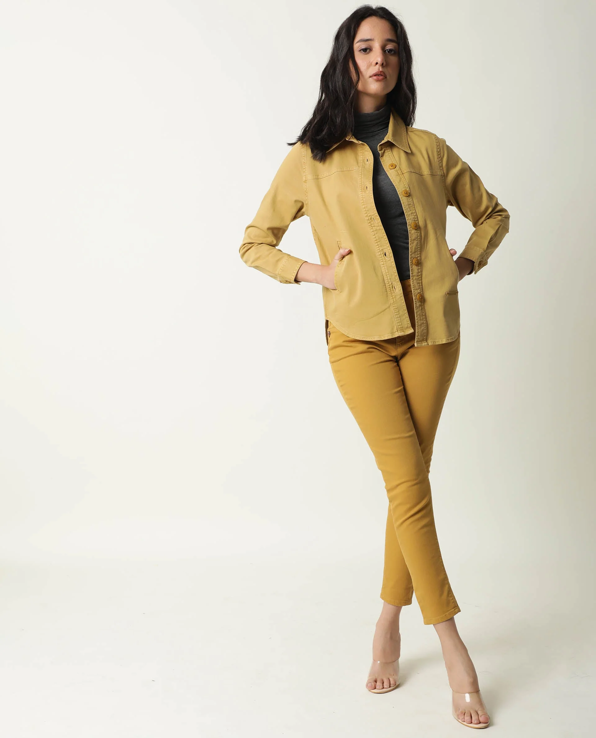 Rareism Women's Mission Mustard Cotton Blend Spread Collar Plain Regular Fit Jacket - Image 2