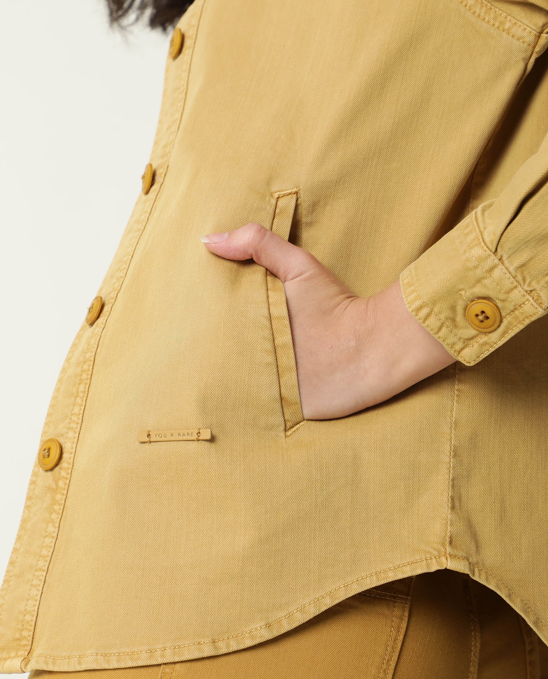 Rareism Women's Mission Mustard Cotton Blend Spread Collar Plain Regular Fit Jacket - Image 3