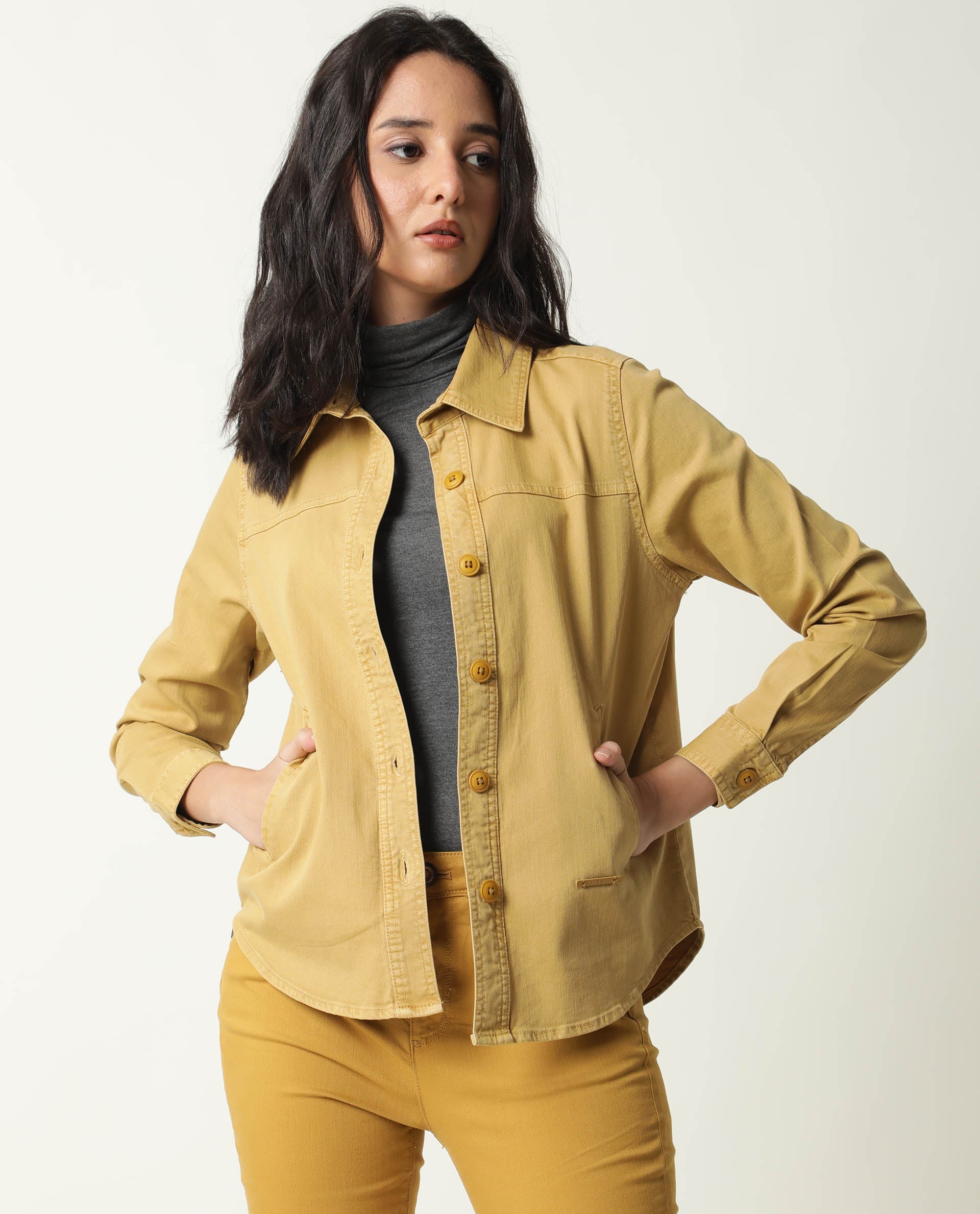 Rareism Women's Mission Mustard Cotton Blend Spread Collar Plain Regular Fit Jacket - Image 4